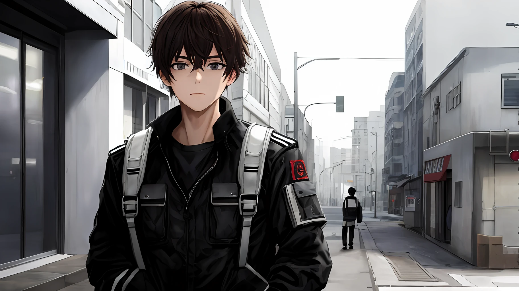 Masterpiece, Essential, 1man, Uniform, Hand Pocket, School Bag, Brunette Hair, Black Eye, Cyberpunk, Street, Monochrome, Line Drawing