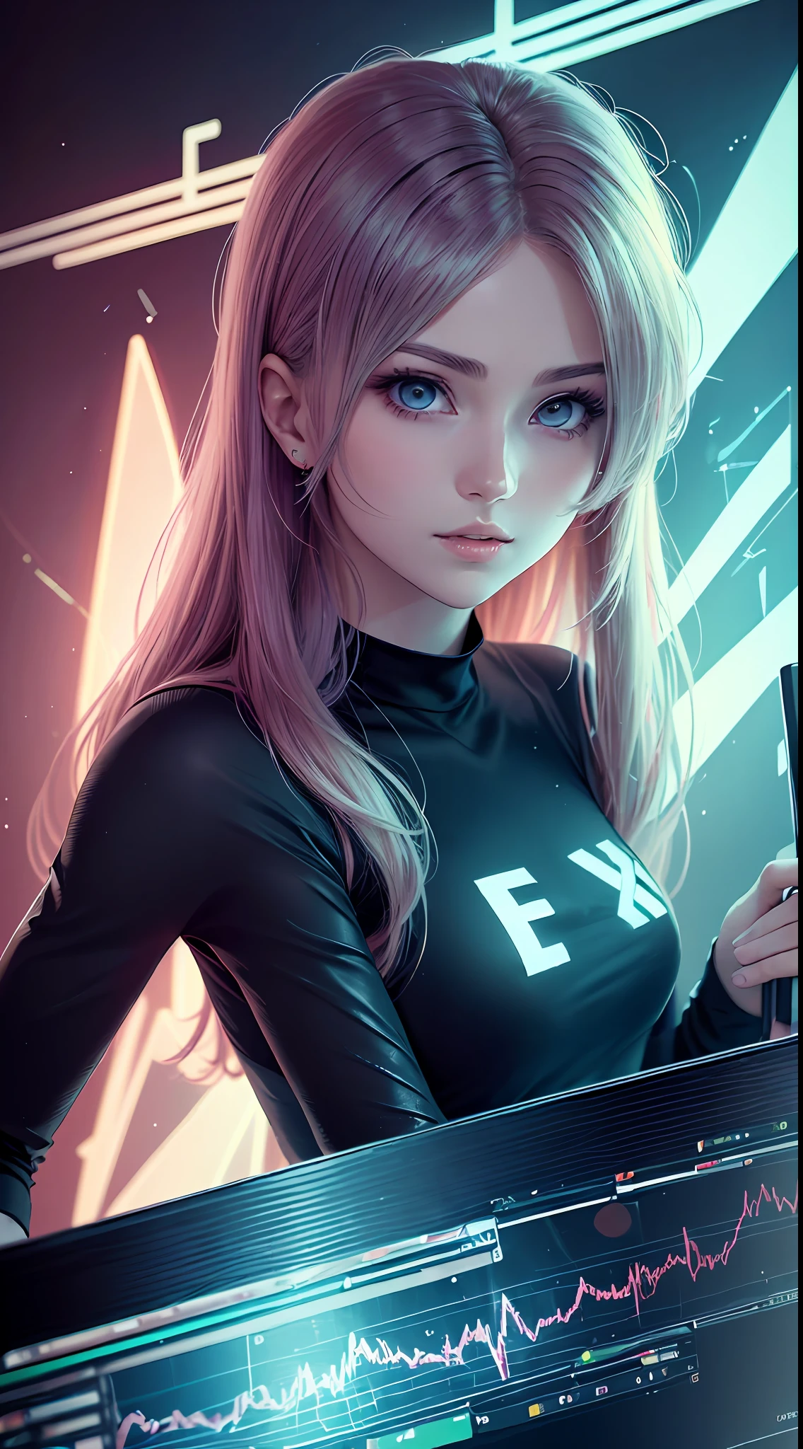 (((Top Quality))),Anime Beautiful Girl,Speedy neon background,stock exchange,Beautiful girl looking at the chart screen in the center