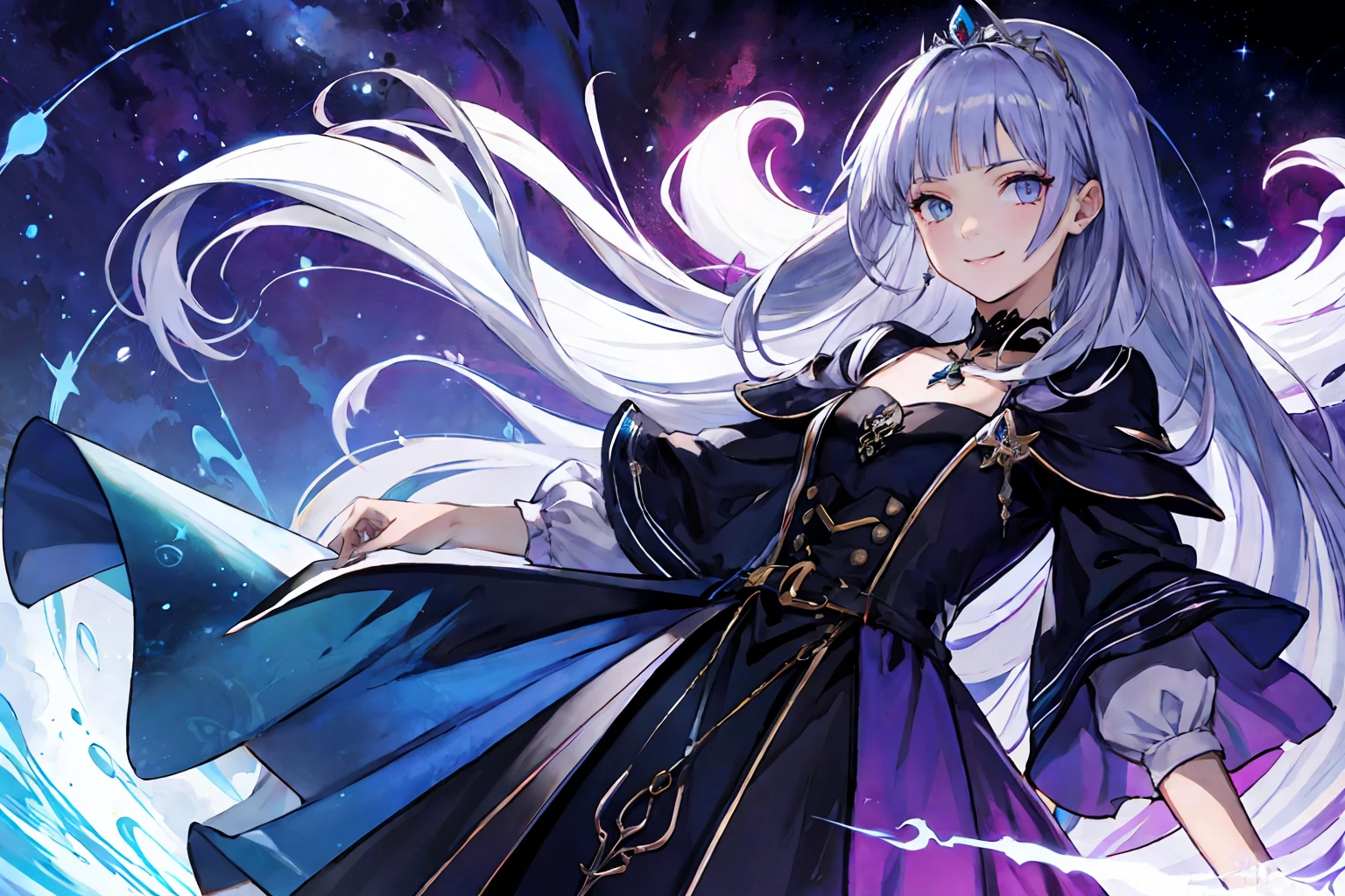 melhor qualidade, high_resolution, distinct_image, fundo detalhado, , bruxa, personagem, jogo online, cabelo lavanda, olhos roxos brilhantes, Magic Diadem, roupas de maga, flor, nightsky, dutch angle, tiro largo, shy smile, magia,