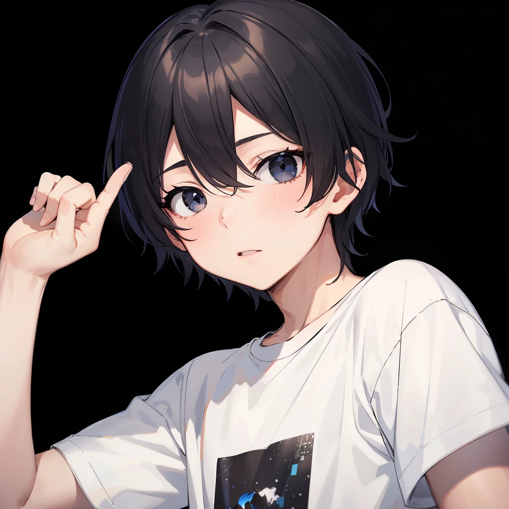 1 boy、dark haired、black eyes、white backdrop、T-shirt