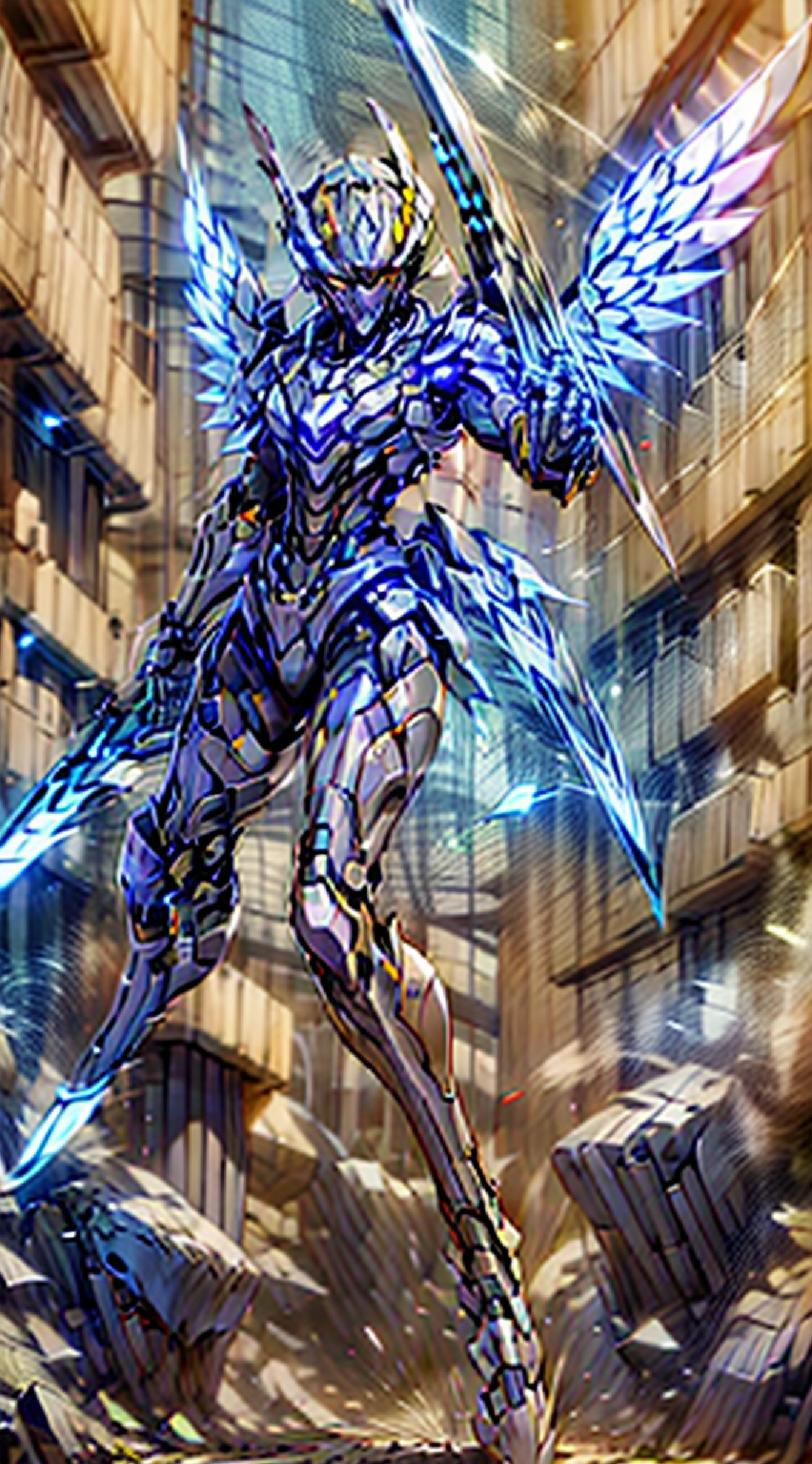 Armoured tights mech,Red,Blue light,purple color,laser,Long sword purple light blade 20m,Shields,guns,Electromagnetic barrel,Purple katana,Laser sword ,Oni Samurai,Precision mechanical feathered wings,Precision mechanics,Dazzle ,Space environment,one-eyed