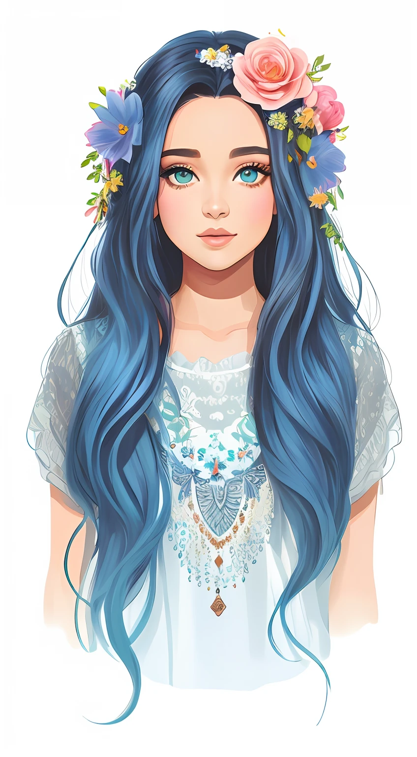 uma menina dos desenhos animados com cabelo azul e uma coroa de flores, in style of digital illustration, Retrato da rainha sereia, sereia bonita, digital art illustration, stylized digital illustration, detailed digital illustration, menina bonita do cabelo azul, official illustration, ariana grande as a mermaid, No Bowater Art Style, Retrato do guerreiro da sereia, matte digital illustration, Cabelo ciano longo