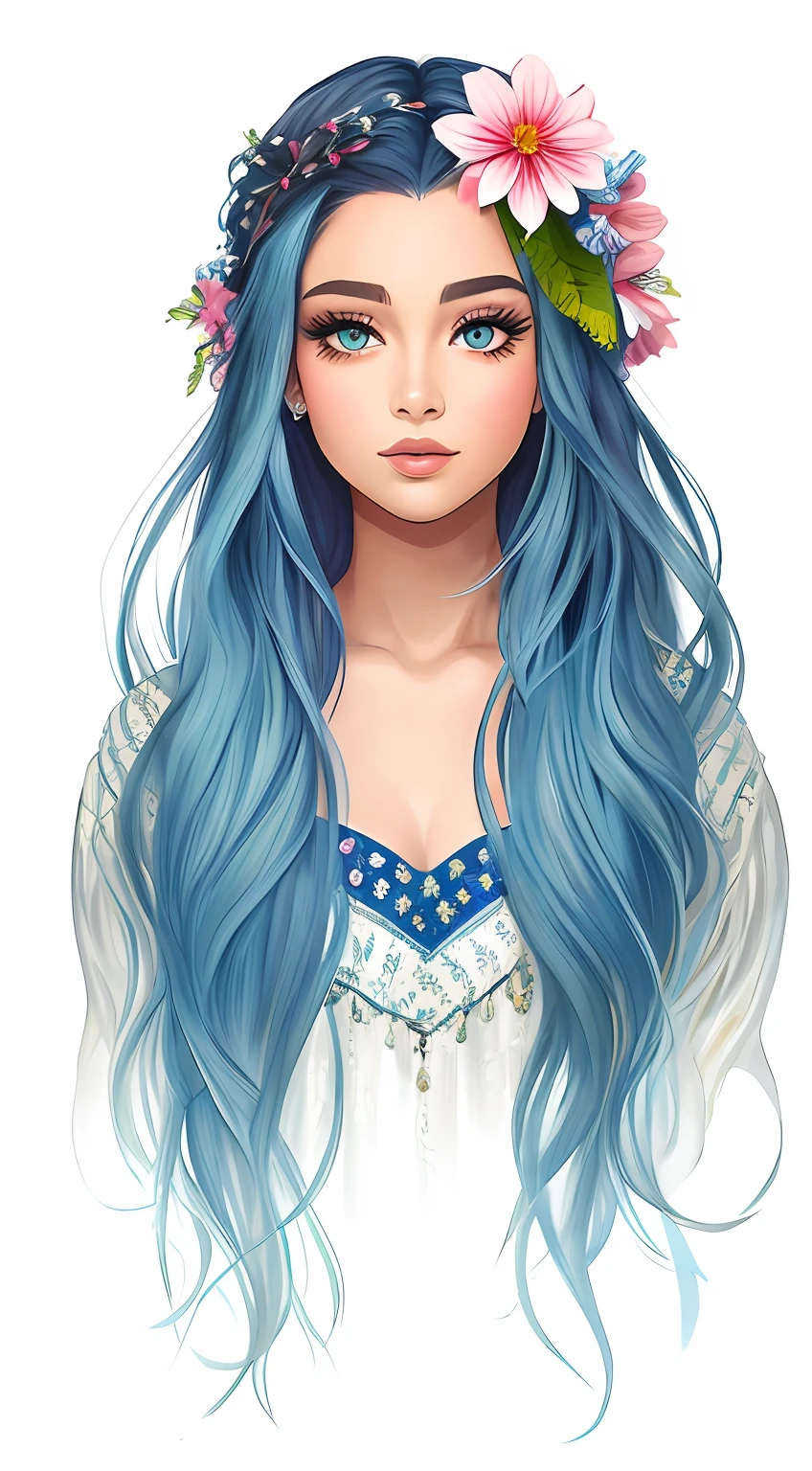 uma dos desenhos animados com cabelo azul e uma coroa de flores, in style of digital illustration, Retrato da rainha sereia, sereia bonita, digital art illustration, stylized digital illustration, detailed digital illustration, meninaa do cabelo azul, official illustration, ariana grande as a mermaid, No Bowater Art Style, Retrato do guerreiro da sereia, matte digital illustration, Cabelo ciano longo