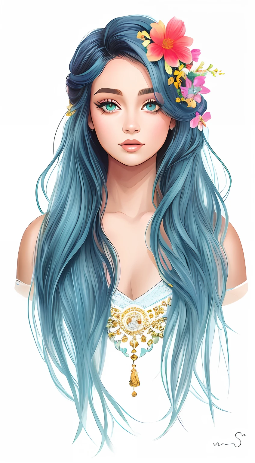 uma menina dos desenhos animados com cabelo azul e uma coroa de flores, in style of digital illustration, Retrato da rainha sereia, sereia bonita, digital art illustration, stylized digital illustration, detailed digital illustration, menina bonita do cabelo azul, official illustration, ariana grande as a mermaid, No Bowater Art Style, Retrato do guerreiro da sereia, matte digital illustration, Cabelo ciano longo