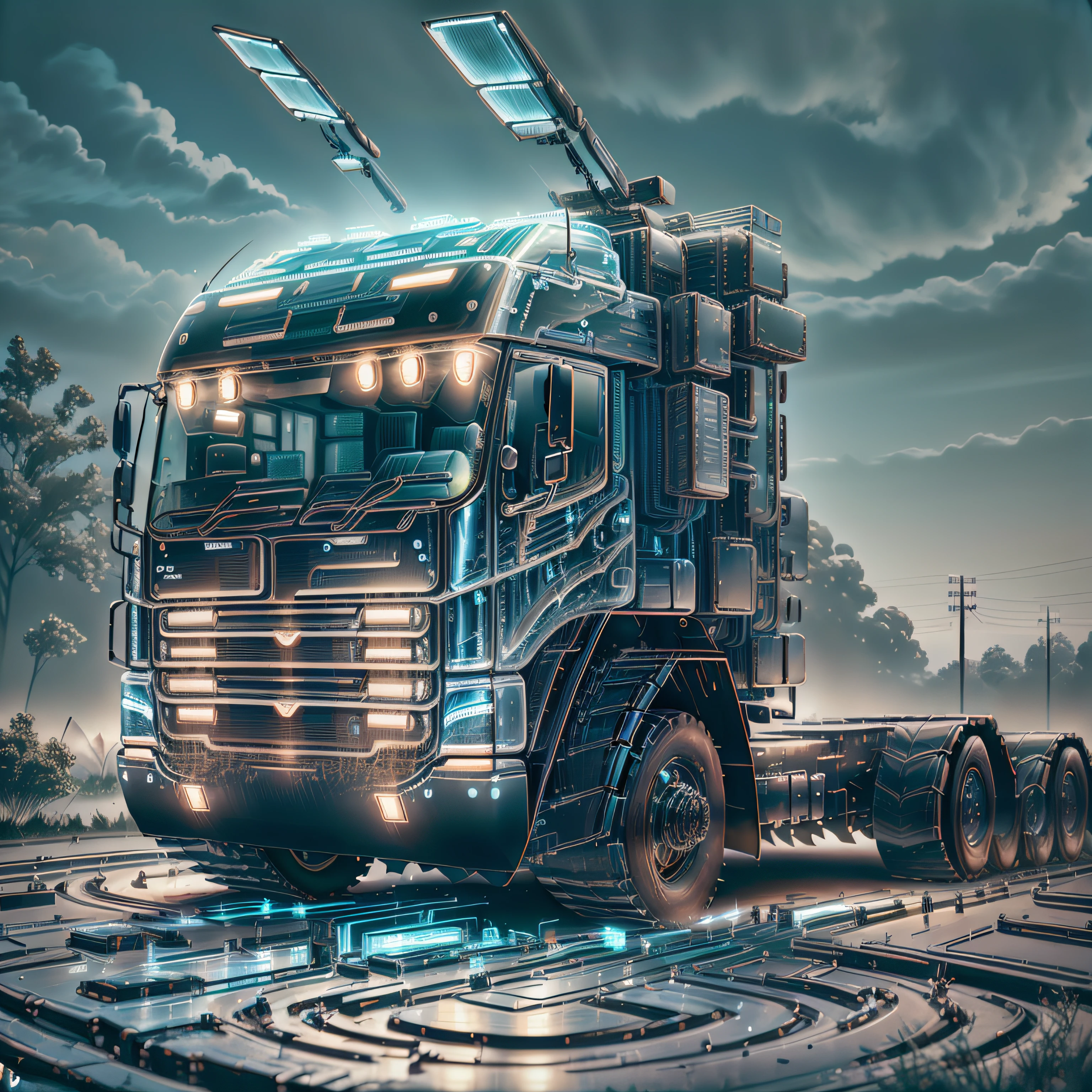 European truck at sunset in cyberpunk style --auto