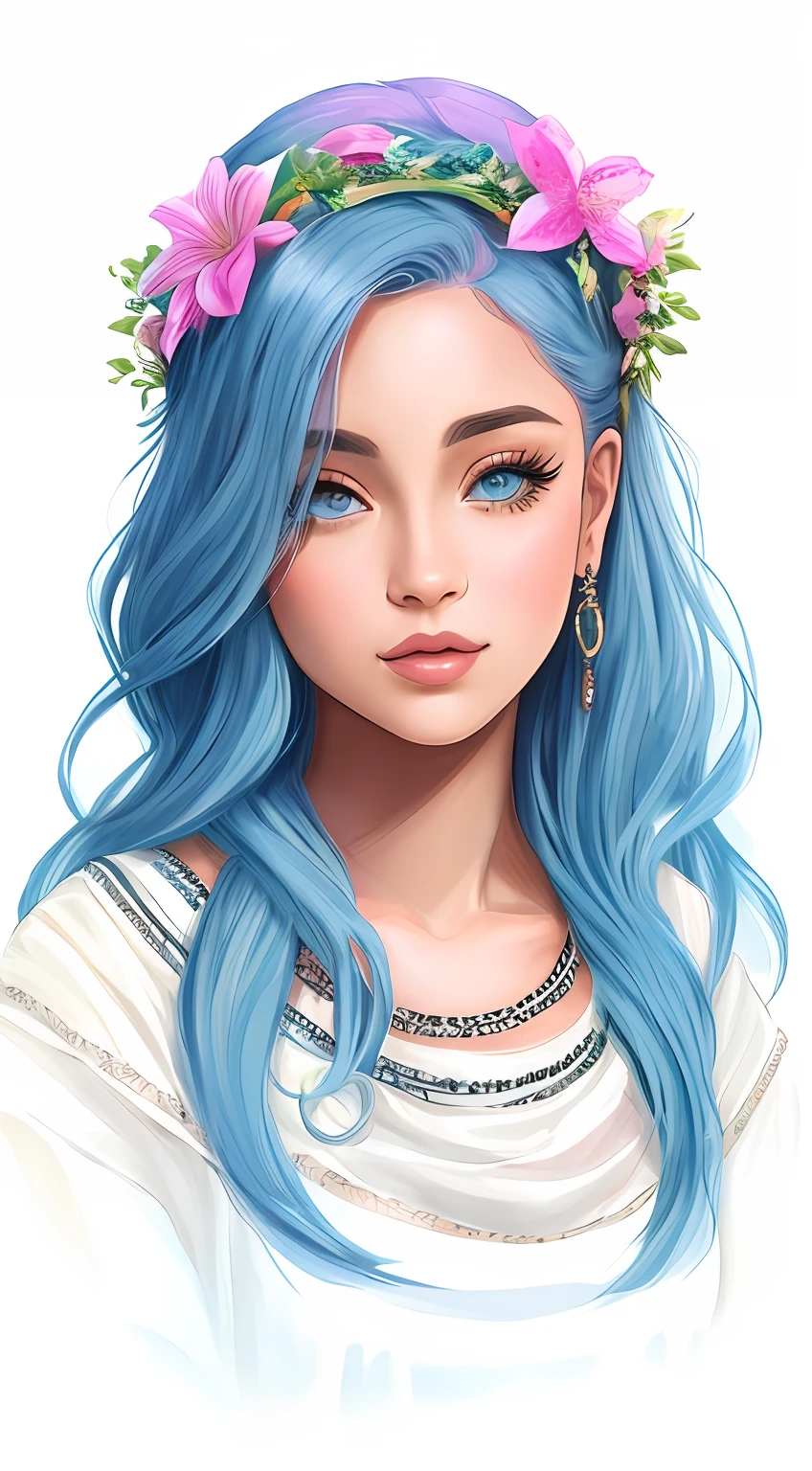 uma menina dos desenhos animados com cabelo azul e uma coroa de flores, in style of digital illustration, Retrato da rainha sereia, sereia bonita, digital art illustration, stylized digital illustration, detailed digital illustration, menina bonita do cabelo azul, official illustration, ariana grande as a mermaid, No estilo de arte Bowater, Retrato do guerreiro da sereia, matte digital illustration, Cabelo ciano longo