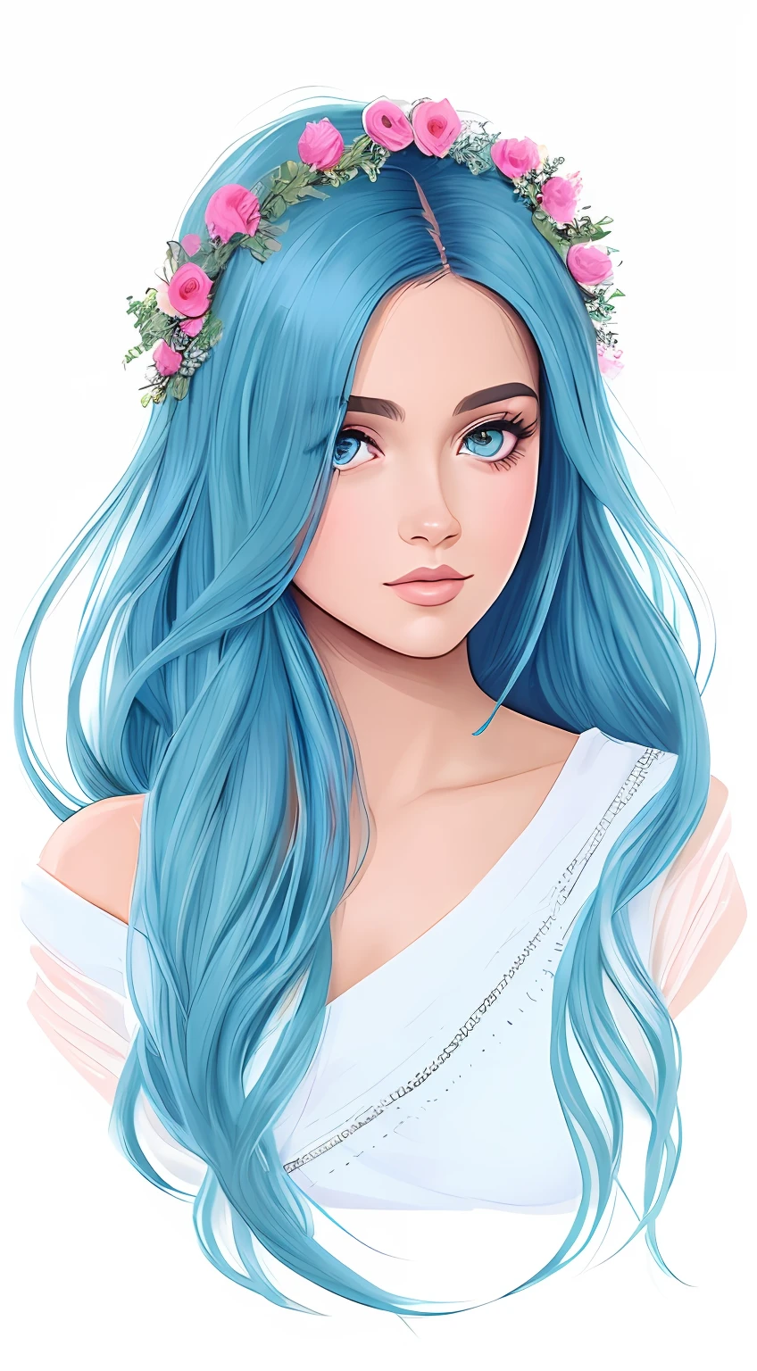 uma menina dos desenhos animados com cabelo azul e uma coroa de flores, in style of digital illustration, Retrato da rainha sereia, sereia bonita, digital art illustration, stylized digital illustration, detailed digital illustration, menina bonita do cabelo azul, official illustration, ariana grande as a mermaid, No estilo de arte Bowater, Retrato do guerreiro da sereia, matte digital illustration, Cabelo ciano longo