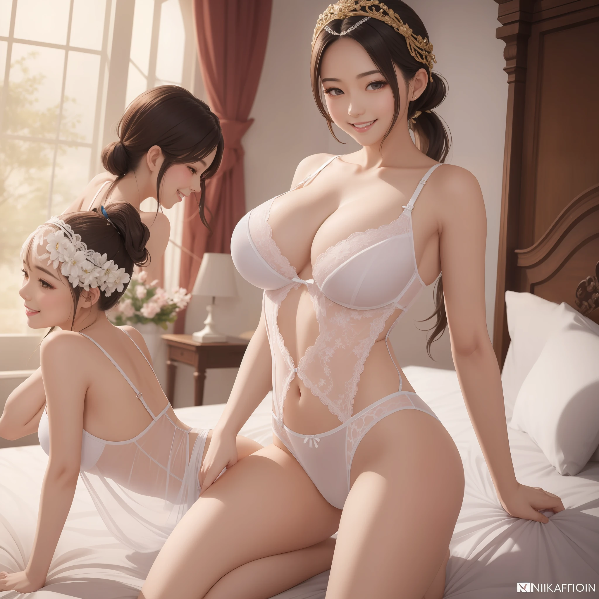 (seios gigantescos:3.0),(see-through shirts:1.2),(open shirts),goddesses,Transparent clothes,Light Clothes,Sleeveless,Kneeling,Breasts loom ,See-Through Lingerie,Lace edges,Close-up of three women with straight breasts posing on bed,Back Shadow,Beautiful and delicate body and face,gorgeous figure,ponytailhair,Clarity,Smile with,moaning,tease,Colorful lace trims,High Ponytail,Clarity,Smile with,excitement,moaning,His face was flushed,fair white skin,Bright color,Colorful clothes,Cock your ass,Full body photo,Sexy body,ornate headdress ,Nikon RAW photos,8 k'',Fujifilm XT3,nmasterpiece,最佳质量,make realistic, --auto