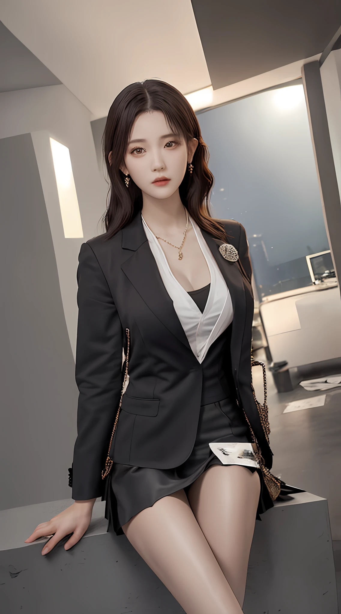 最佳质量， nmasterpiece， 1girls， beatutiful face， （photo realistic：1.3）， edgelighting， （High Detail Skins：1.2）， 8K  UHD，  hight quality， highly resolution， 4K， 8K，Home，Myanmar， Absurde， Optimal proportions of four fingers and one thumb， （extremely lifelike：1.3）， Cute 1girl， Wearing a black formal blazer， mediuml breasts， a short skirt，