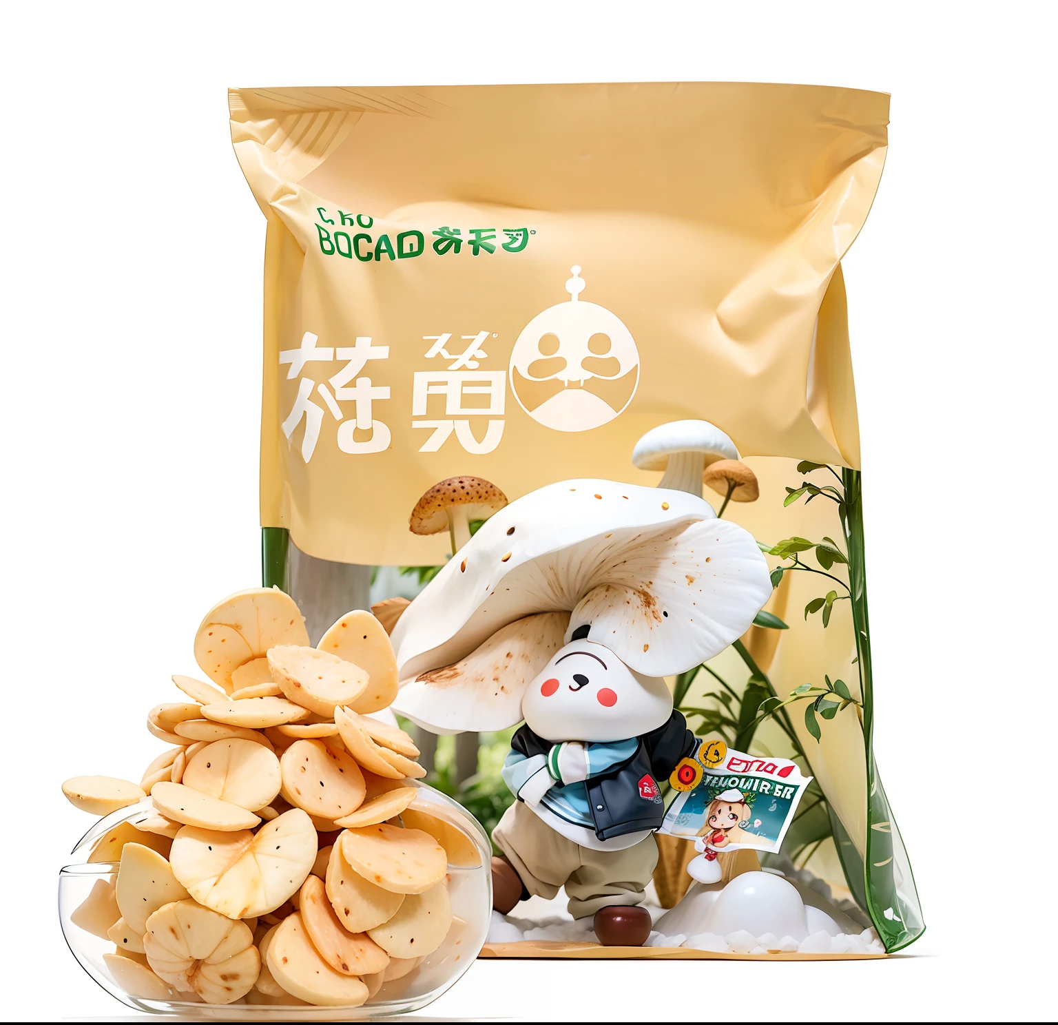 Scaled chips bag，There is a cute cartoon character wearing a white mushroom on his head，potato chip