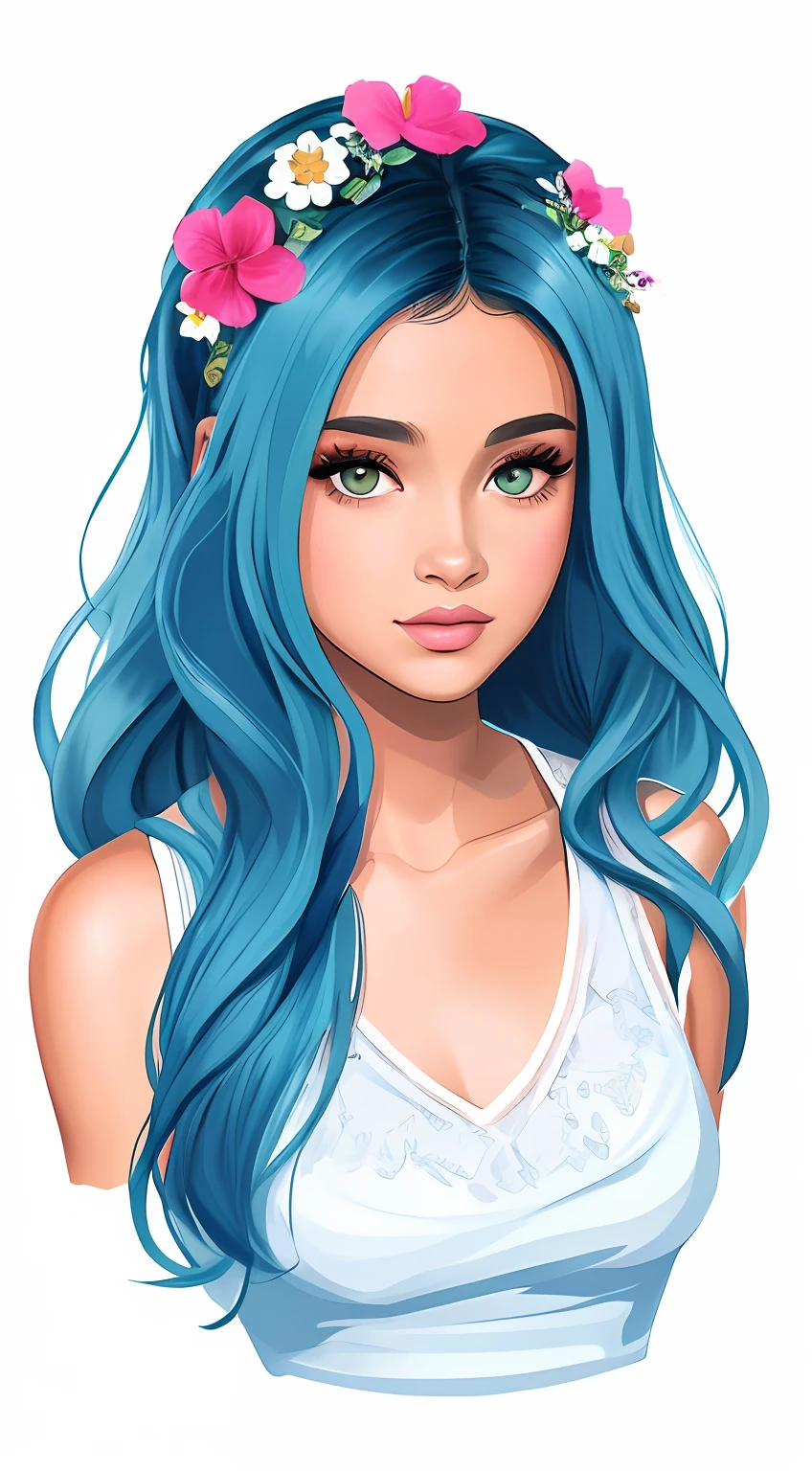 uma menina dos desenhos animados com cabelo azul e uma coroa de flores, in style of digital illustration, Retrato da rainha sereia, sereia bonita, digital art illustration, stylized digital illustration, detailed digital illustration, menina bonita do cabelo azul, official illustration, ariana grande as a mermaid, No Bowater Art Style, Retrato do guerreiro da sereia, matte digital illustration, Cabelo ciano longo