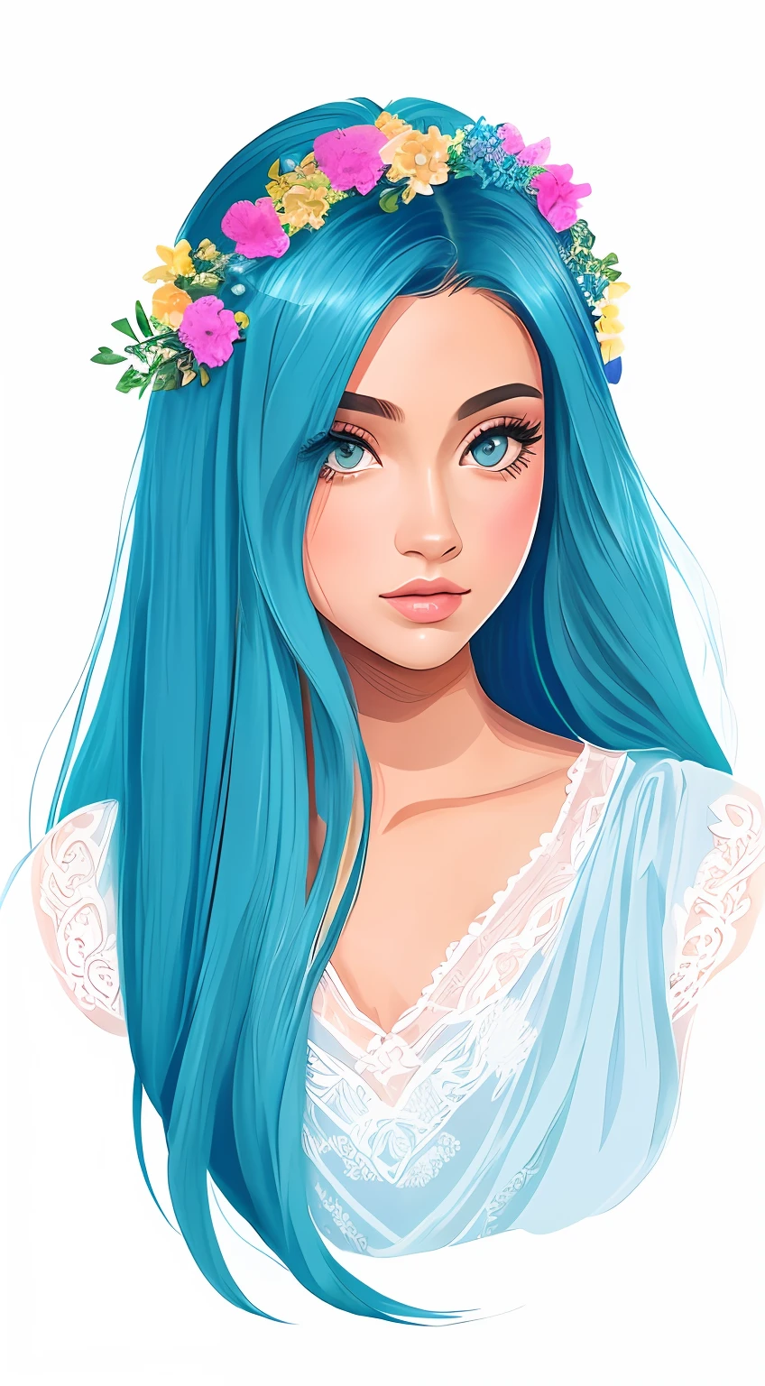 uma menina dos desenhos animados com cabelo azul e uma coroa de flores, in style of digital illustration, Retrato da rainha sereia, sereia bonita, digital art illustration, stylized digital illustration, detailed digital illustration, menina bonita do cabelo azul, official illustration, ariana grande as a mermaid, No Bowater Art Style, Retrato do guerreiro da sereia, matte digital illustration, Cabelo ciano longo