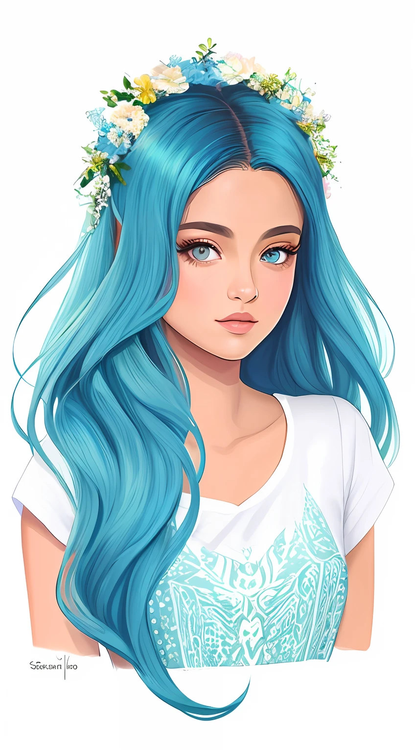 uma menina dos desenhos animados com cabelo azul e uma coroa de flores, in style of digital illustration, Retrato da rainha sereia, sereia bonita, digital art illustration, stylized digital illustration, detailed digital illustration, menina bonita do cabelo azul, official illustration, ariana grande as a mermaid, No Bowater Art Style, Retrato do guerreiro da sereia, matte digital illustration, Cabelo ciano longo