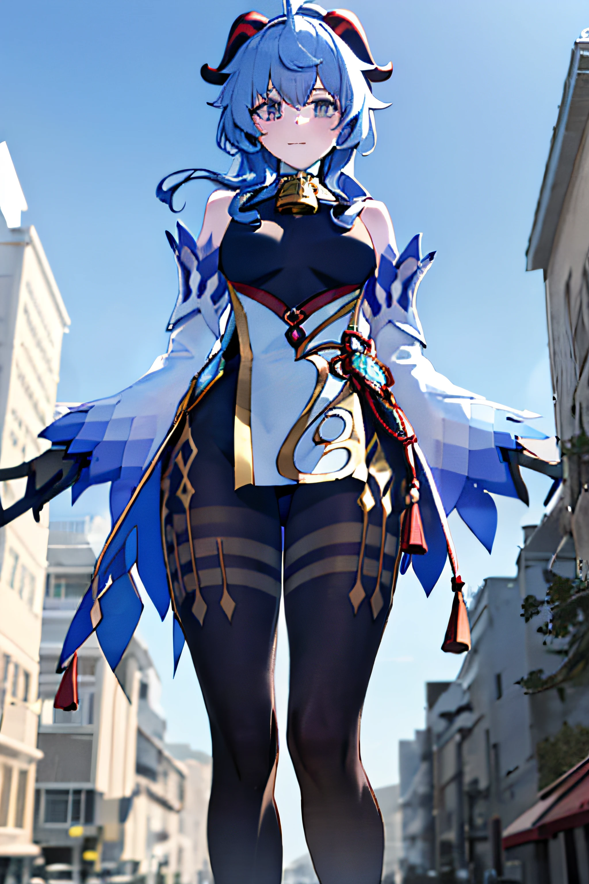 (Photorealistic:1.4), (巨作, sidelighting, fine detailed beautiful eyes: 1.2), 巨作*Portrait, Realistic, 3d face, ganyu \(genshinimpact\), 1girls, ahoge, architecture, Hair bangs,Bare shoulders,Bell,Black gloves,Black tights,(blue hair),Blushlush,Beautiful breasts,Chinese knot,the sleeve,Flower knots,mitts,ox’s horn,long haired,Look at the audience,midchest,neck bell,(((A towering giantess))),ultra high def,4K,8K,(The buildings were trampled underfoot)The viewing angle is from below,High detail eyes,high detailed hair,
