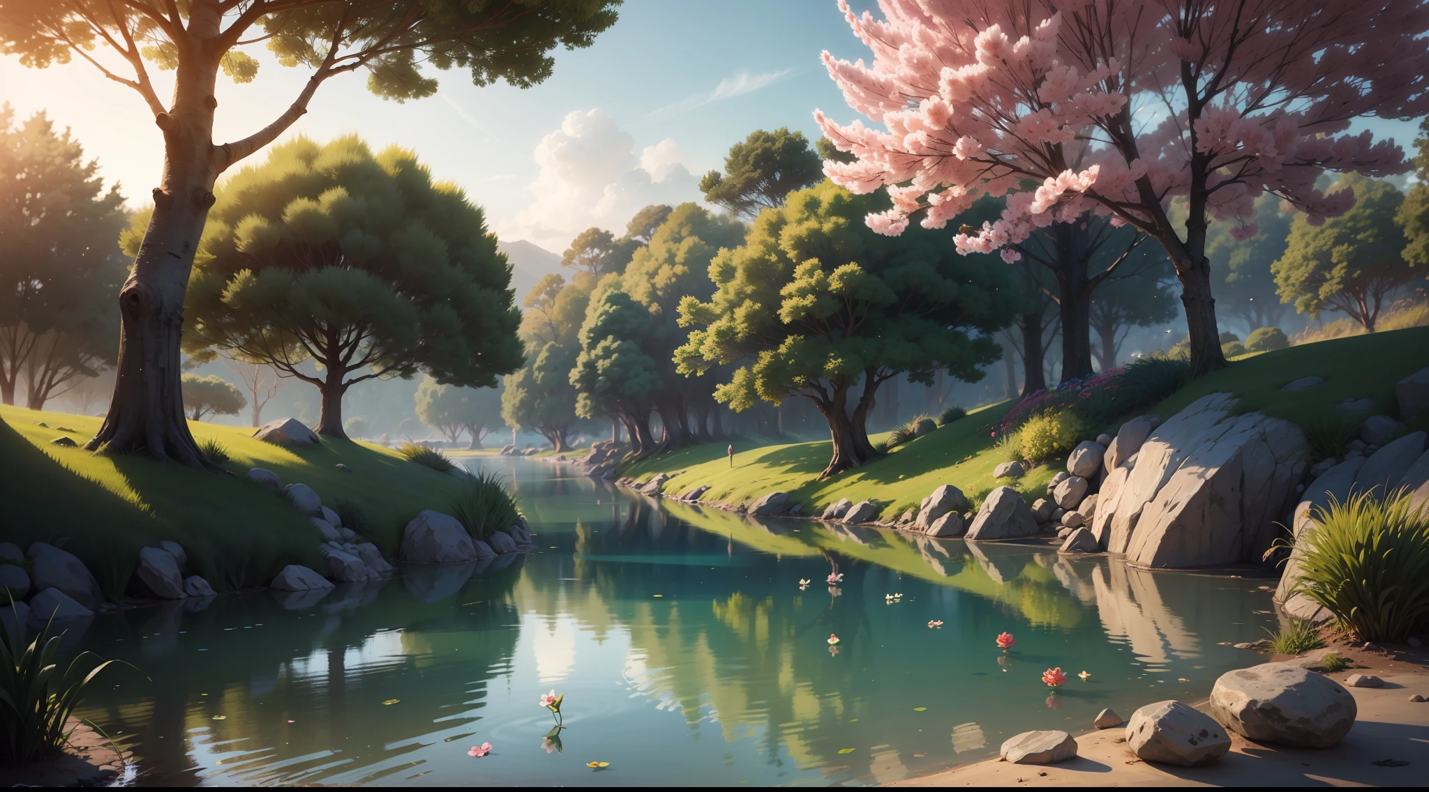 Looking at a miniature lake in front of you, cartoon HD, You can't help but be enchanted. A lagoa, no bigger than a child's toy, fica sozinha, com uma pequena cachoeira em miniatura iridescente com flores luminescentes de sakura. A closer inspection reveals intricate details, como pequenas flores florescendo no quintal da frente. As you marvel at the sight before you, Your mind begins to imagine the adventures that can happen with this enchanted water. Highresolution, 8K ultra,
