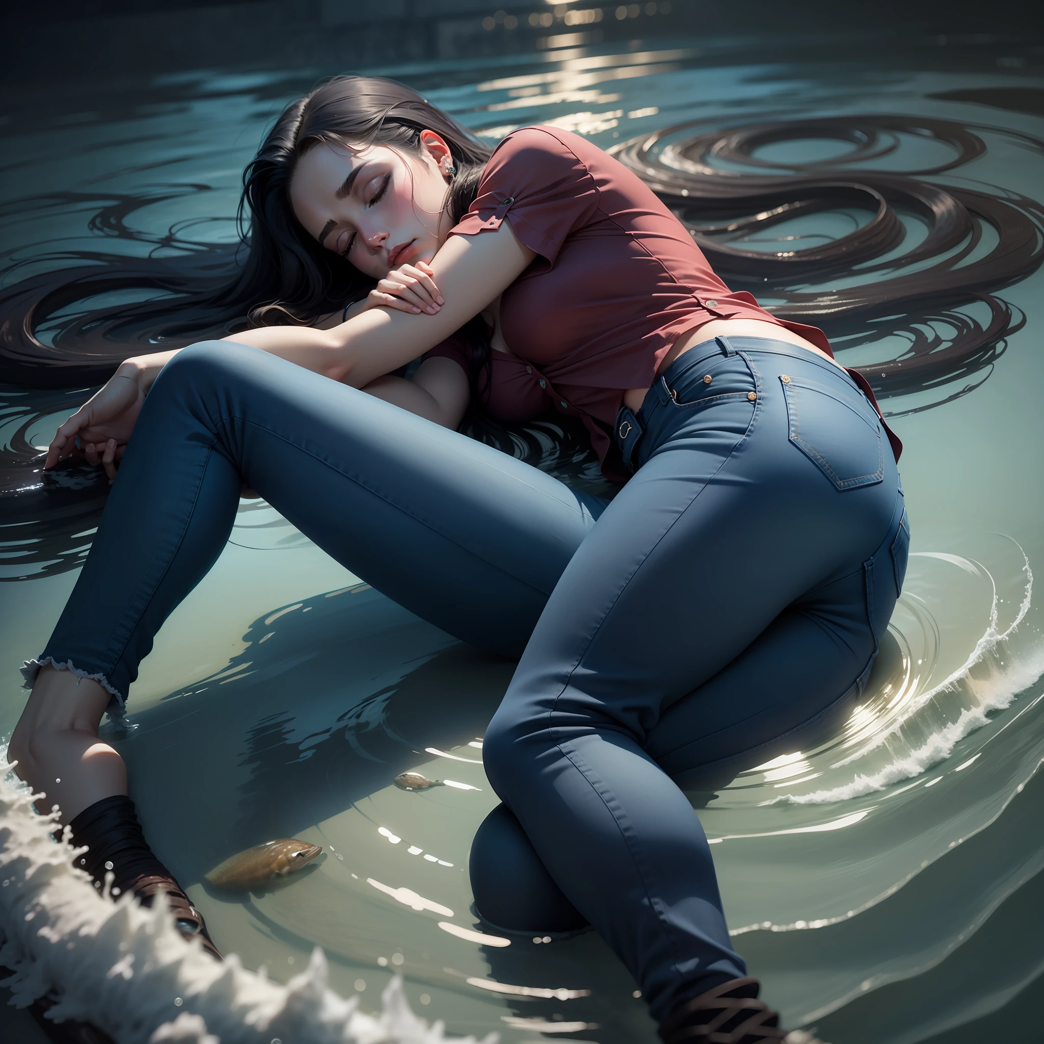 A woman pants jeans blouse cold long hair on the bottom of the sea, oceano, water sleeping, meio escuro, dark at night hyper realistic