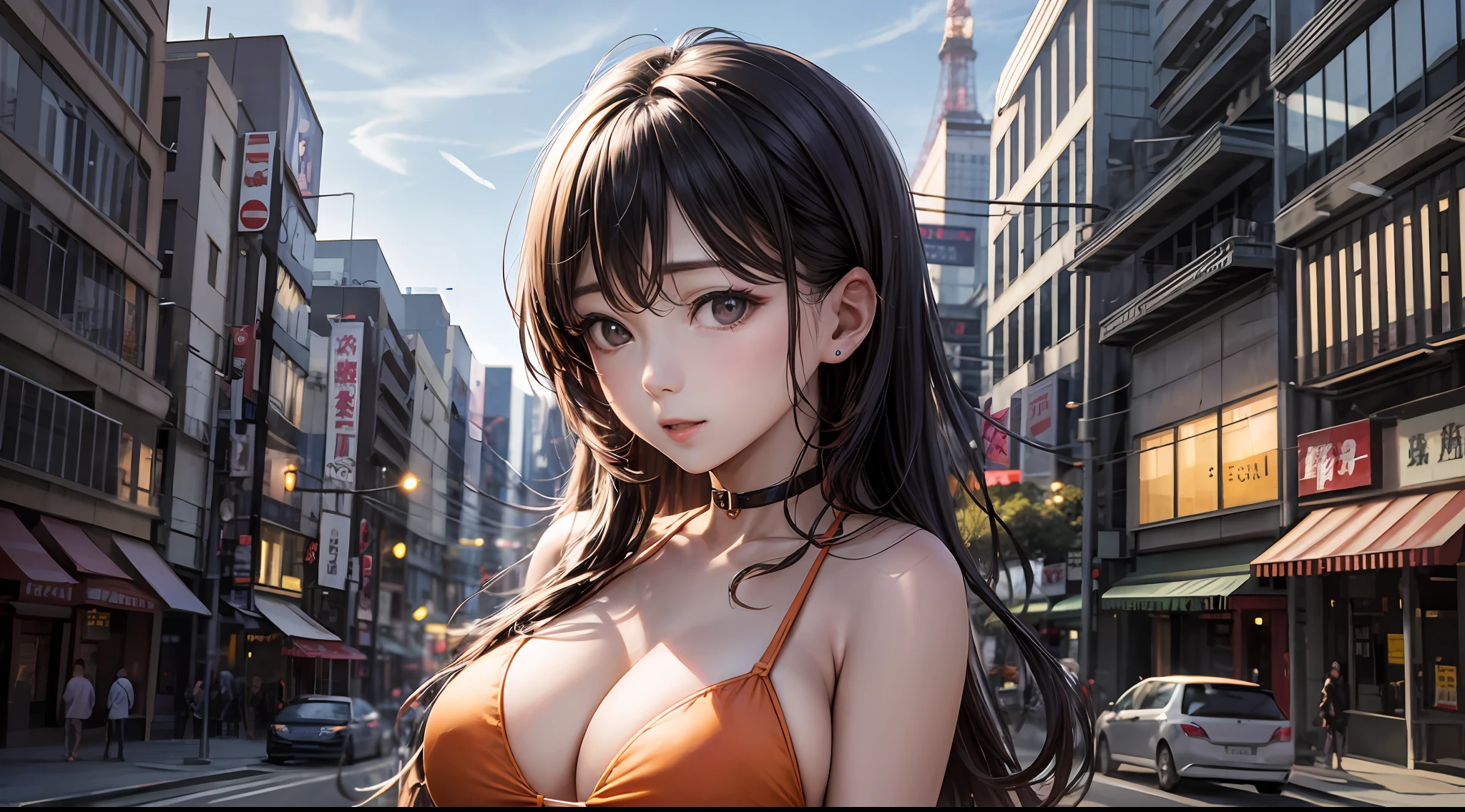 (chainsawman、Makima)、Brown skin、maicro bikini、(Orange braid)、Young、Cute、a beautifulchi girl、Perfect style、HugeBoobs、Emphasizes cleavage、deadpan、Realstic、Realistic、8k、extremely detail、Top Quality、Top image quality、ultra-highres、巨作、only girl、(The background is Tokyo Tower in Japan)、