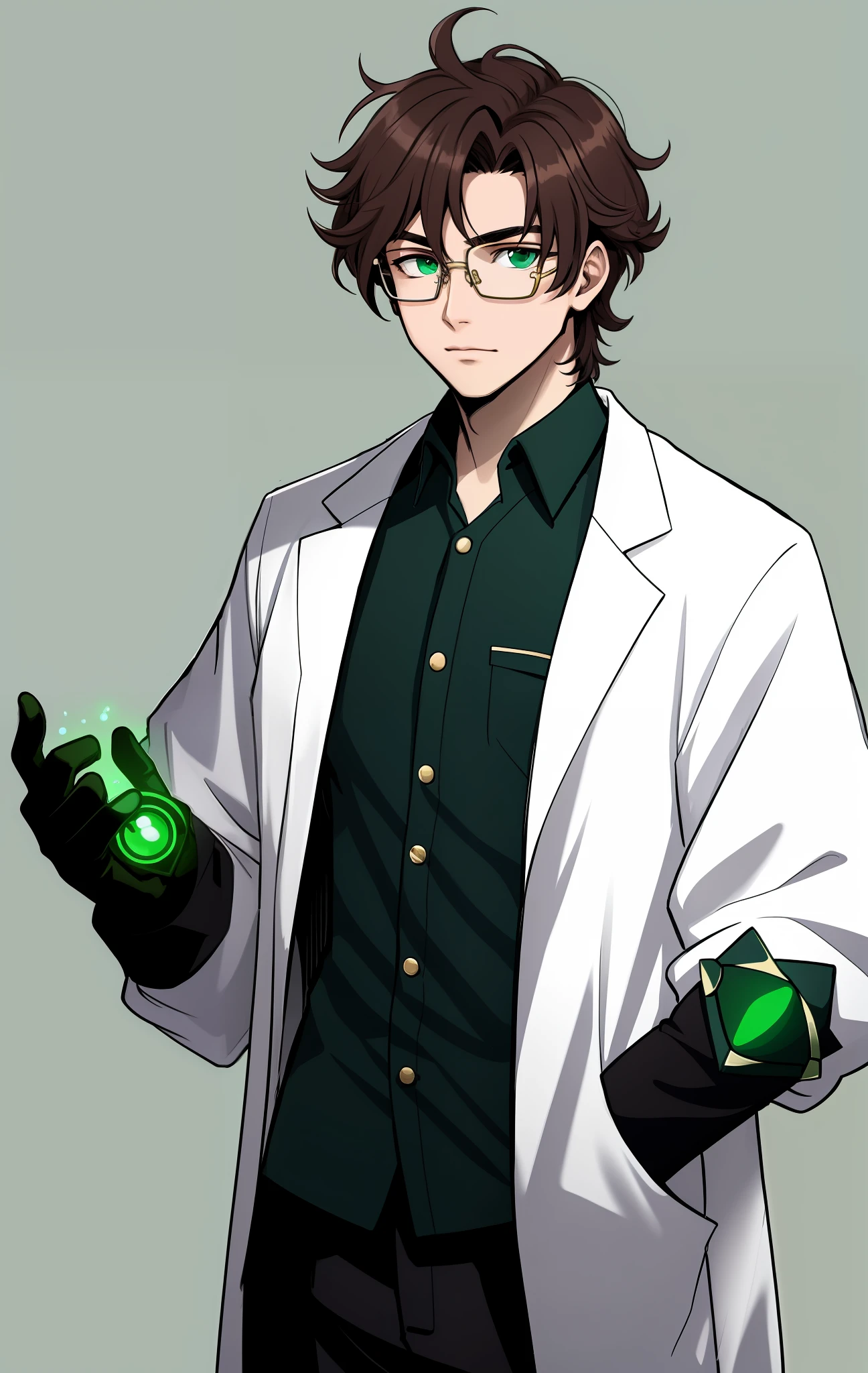 Jovem vestindo jaleco, green gauntlet and glasses, messy hair, Anos 40