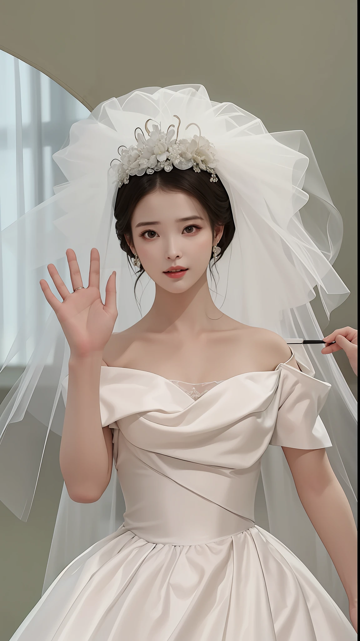 Alafi woman in wedding dress，Wear a tie and veil, dilraba dilmurat, Realistic. Cheng Yi, Photorealistic!!!!!!! artgerm style, ruan jia beautiful!, Cai Xukun's, inspired by Sim Sa-jeong, Inspired by Huang Ji, fanbingbing, shaxi, Wearing a wedding dress, inspired by Tang Yifen