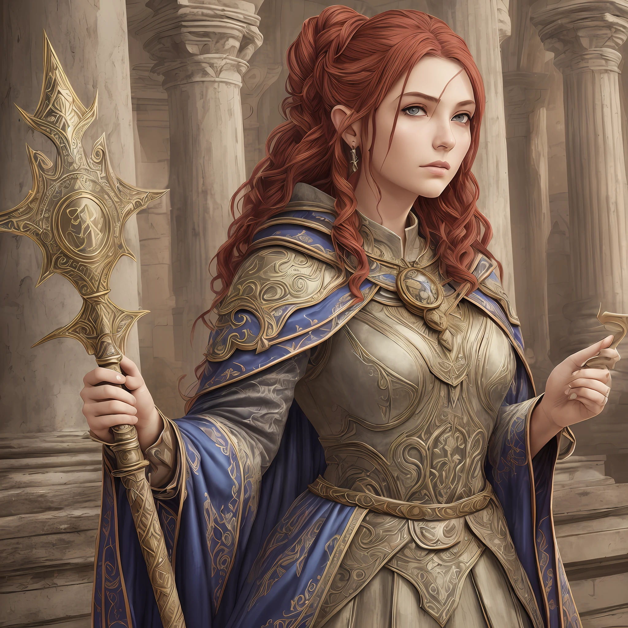arafed, fantasy world, female, dwarf (Masterpiece 1.5, intense details), red haired, green eyes, slightly pointed ears, braided hair, (Masterpiece, intense details), cleric, templar, casting a spell (Masterpiece, intense details dnd art), wearing heavy white armor with sigils (Masterpiece, intense details), carrying a flaming axe (Masterpiece 1.5, intense details), wearing blue cloak with sigils (Masterpiece 1.4, intense details), holy symbol, standing near a temple (Masterpiece 1.5, intense details), dawnl ight backlight, (Masterpiece, intense details) glowing light, high details , ray tracing, reflection light, silhouette, wide shot, panorama, Ultra-Wide Angle, high detail, award winning, best quality, HD, 4K --auto