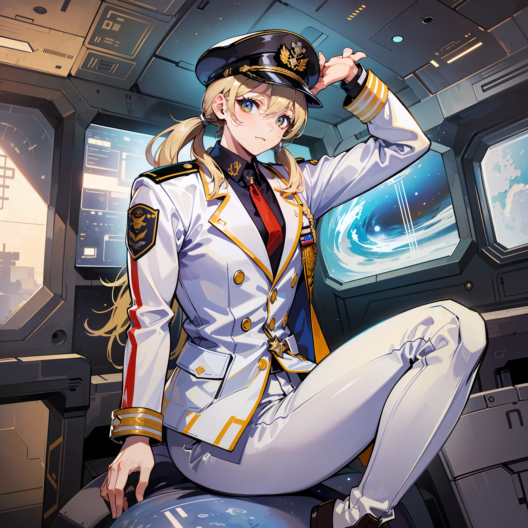 ((Masterpiece)), ((Highest Image Quality)), (((Best Quality)), (Illustration of One Girl), Full Body, 25 Years Old, (Neutral)), ((Blonde Twin Tails)), Light Golden Eyes, (Tall)), (Muscular Strong Body)), ((Muscular and Thick Body)), ((Muscular and Thick Arms)), ((Muscular and Thick Legs)), (Manspreading)), Open Legs, (((Army Uniform)), (Army Hat)), (((Army Coat)), (white clothes), (white pants), (white hat), trench coat, ((inside the spaceship, sitting in the captain's seat)), (outside the window, space, Earth seen from space, spaceport)