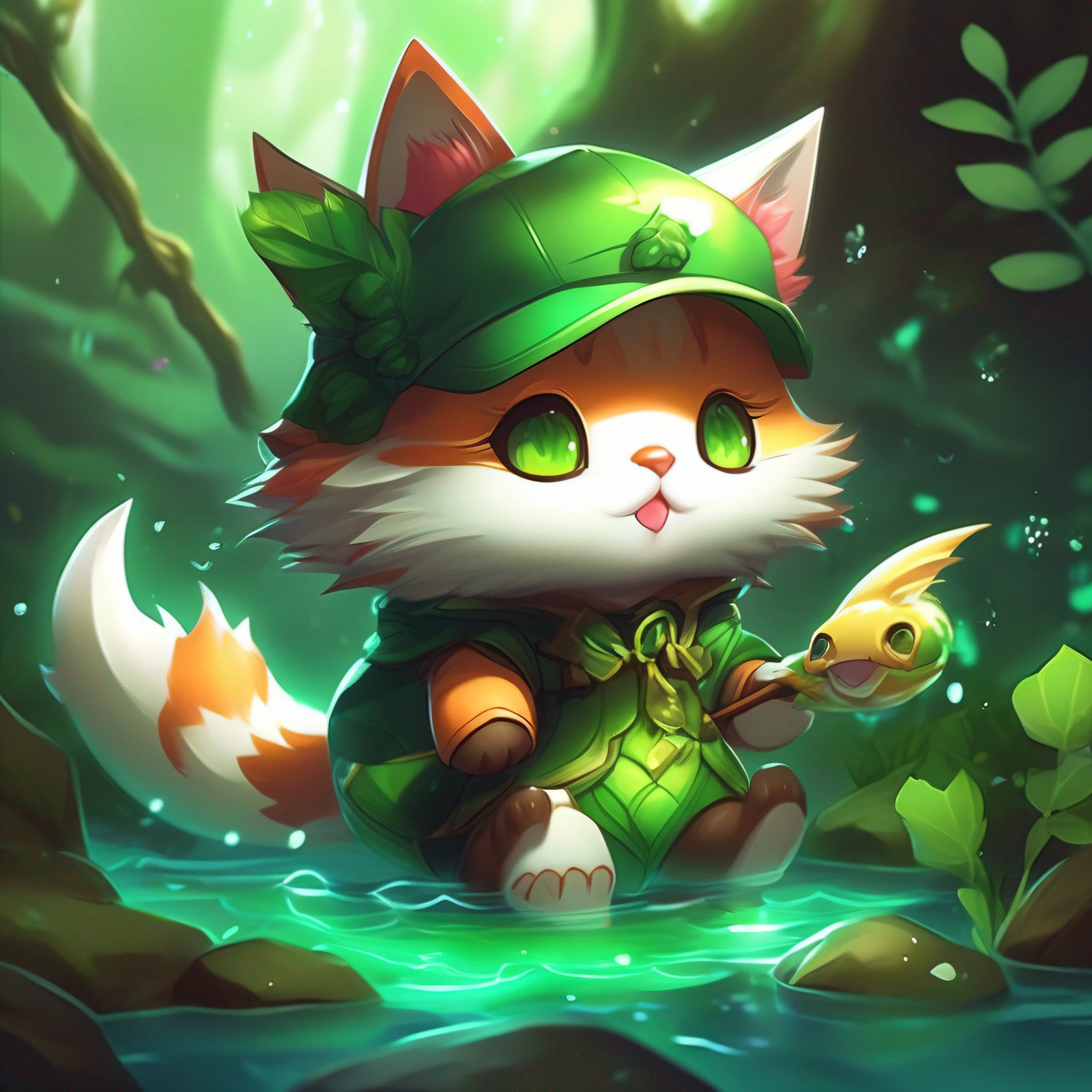 Anime cat with a fish in its mouth,A green fish in his mouth, cute detailed digital art, anime visual of a cute cat, cute digital painting, cute detailed artwork, fox from league of legends chibi, trending on artstation pixiv, cute forest creature, cute artwork, Teemo from League of Legends, adorable digital art, from league of legends