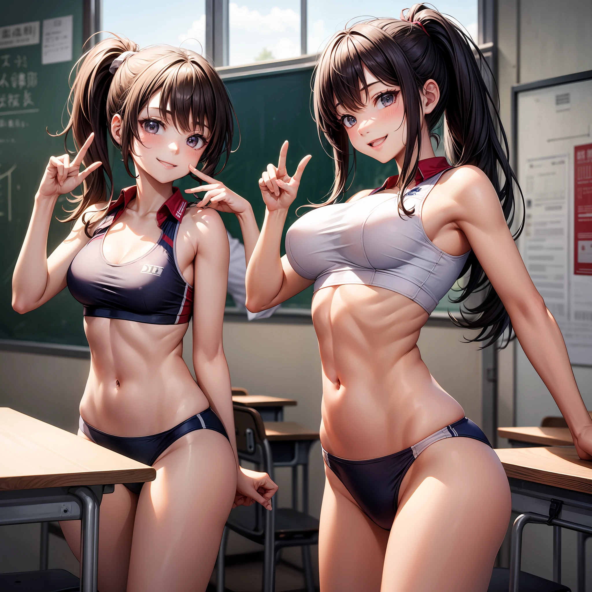Top Quality、dark haired、ponie tail、High school student、One girl、Athletics uniforms、Navel、Split abs、Constriction、Thin beef、Dark eyes、Giant tits、beauty legs、Small face、smile on face、piece sign、Empty classroom、Background blur