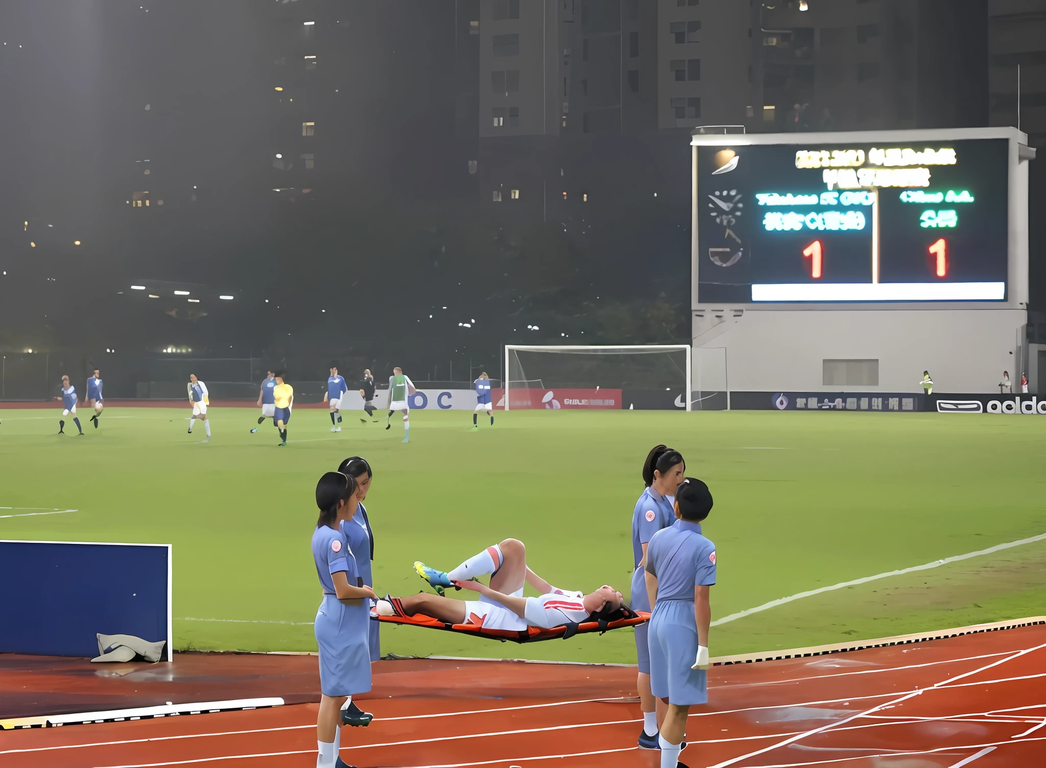 a soccer scene in a chinese sports stadium, rainy weather, wet ground, rainfall, injury scene in a sports stadium, stretcher carry, there are four female medics carrying a stretcher there are four female medics in wet blue raincoats who are carrying a strecher in a rainy sports stadium, there is a wounded male soccer player in a short sports outfit lying on the stretcher, an injured male soccer player is lying on his back on a stretcher and is grabbing his right leg with his hands, a soccer player is rearing up in pain while lying on his back on a stretcher and grabbing his injured leg with his hands, dramatic scene, thatralic posing scene, dramatic pity scene, injury soccer, first aid, help, pity, there are four female medics in shiny lue raincoats who are looking very sad and very terrified and very shocked, the injured soccer player is screaming out in pain while he is carried from zhe pitch on a stetcher through the rain