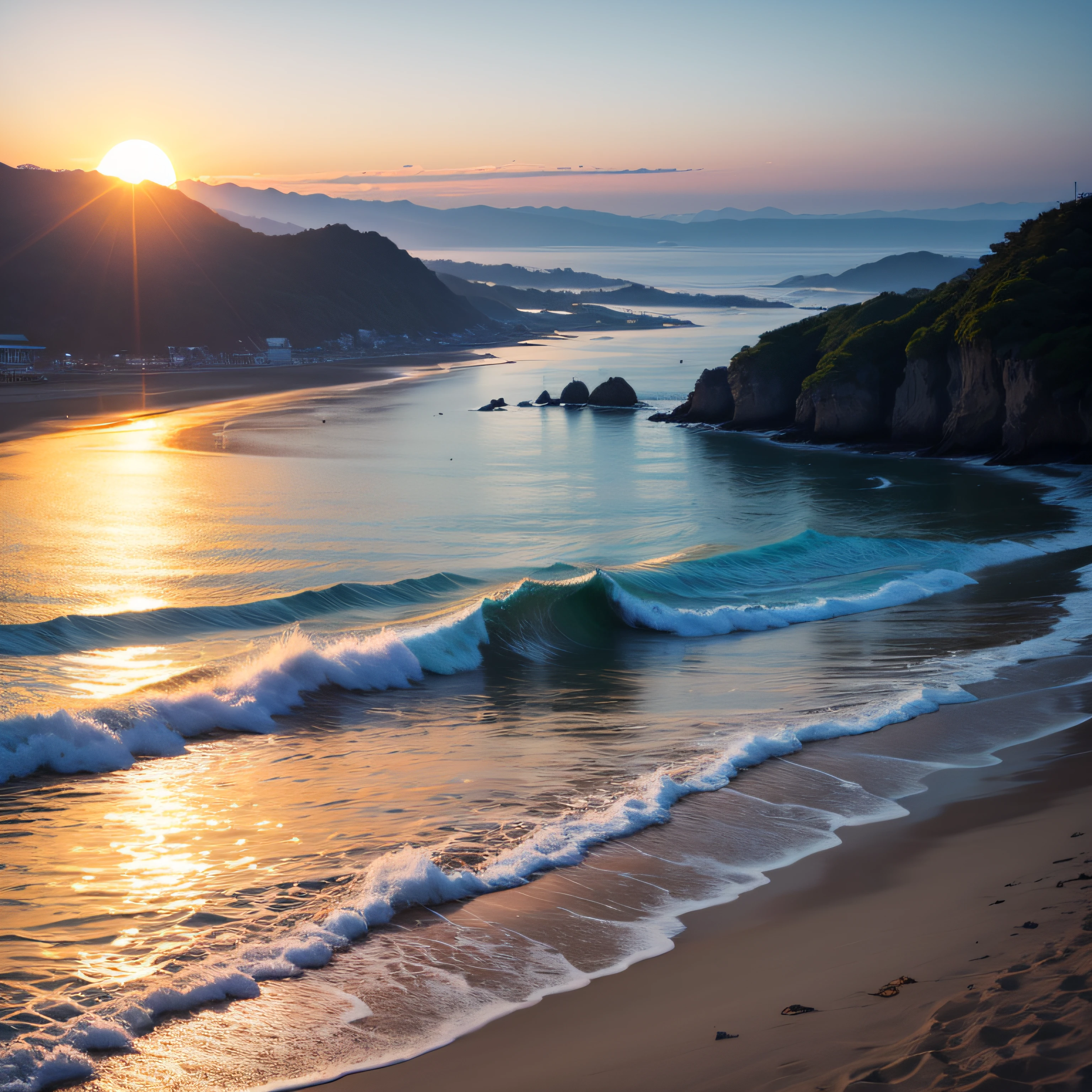 The sea is calm,The setting sun is shining,The beach is crowded。 --auto