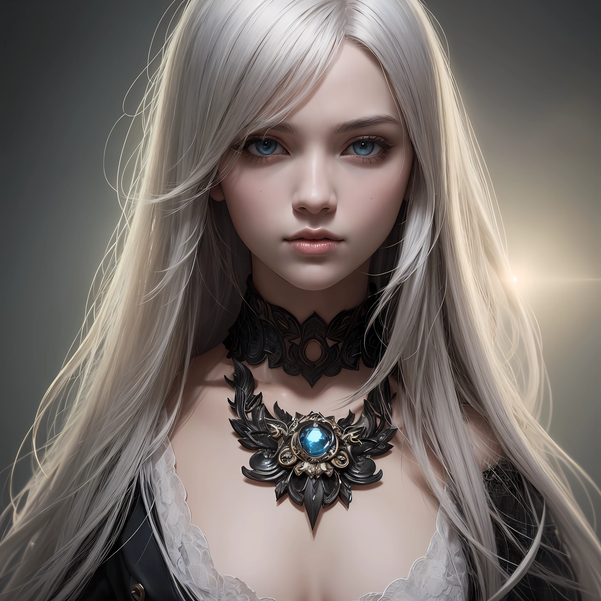 Portrait of a female hyperrealist、fantasy art behance、photorealestic、dynamic  lighting、art stations、The poster、Volumetric lighting、higly detailed face、4 k、Award-winning、、1girl、dark、deep-shadows、lowkey、cow-boy shot、long haired、white gray hair、 --auto