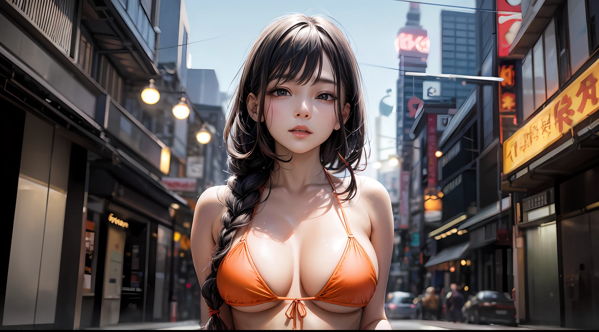 （chainsawman、Makima）、Brown skin、maicro bikini、（Orange braid）、Young、Cute、a beautifulchi girl、Perfect style、HugeBoobs、Emphasizes cleavage、deadpan、Realstic、Realistic、８ｋ、extremely detail、Top  Quality、Top image quality、ultra-highres、巨作、only girl、（The background is Tokyo Tower in Japan）、