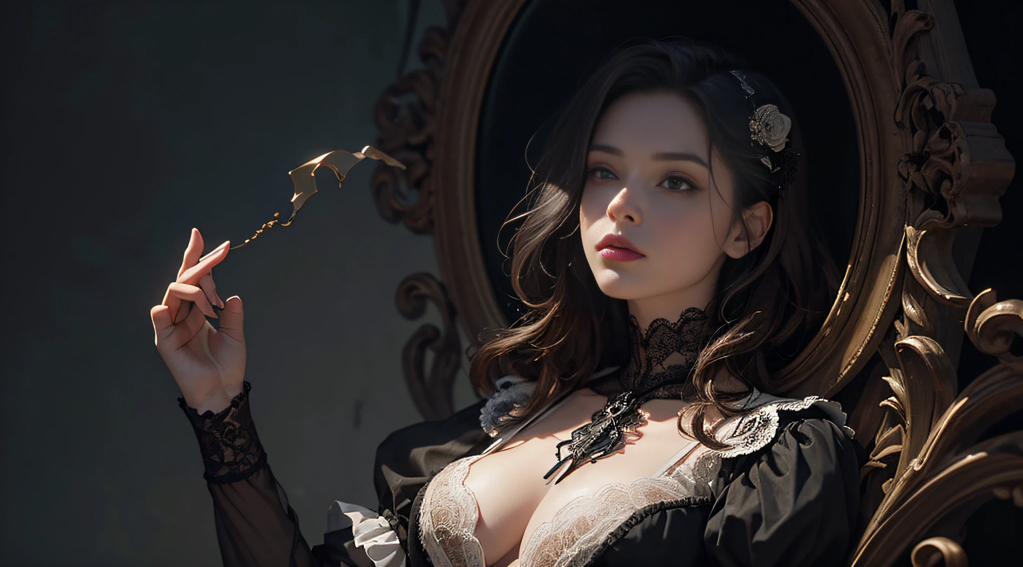 Official Art, Unity 8k wallpaper, ultra-detailed, beautiful, beautiful, masterpiece, best quality, dark, atmospheric, mystical, romantic, creepy, literature, art, fashion, victorian, decoration, intricate, ironwork, lace, contemplative, emotional depth, supernatural, 1 girl, solo, neck, bust composition