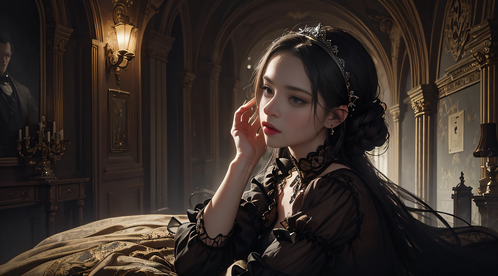 Official Art, Unity 8k wallpaper, ultra-detailed, beautiful, beautiful, masterpiece, best quality, dark, atmospheric, mystical, romantic, creepy, literature, art, fashion, victorian, decoration, intricate, ironwork, lace, contemplative, emotional depth, supernatural, 1 girl, solo, neck, bust composition