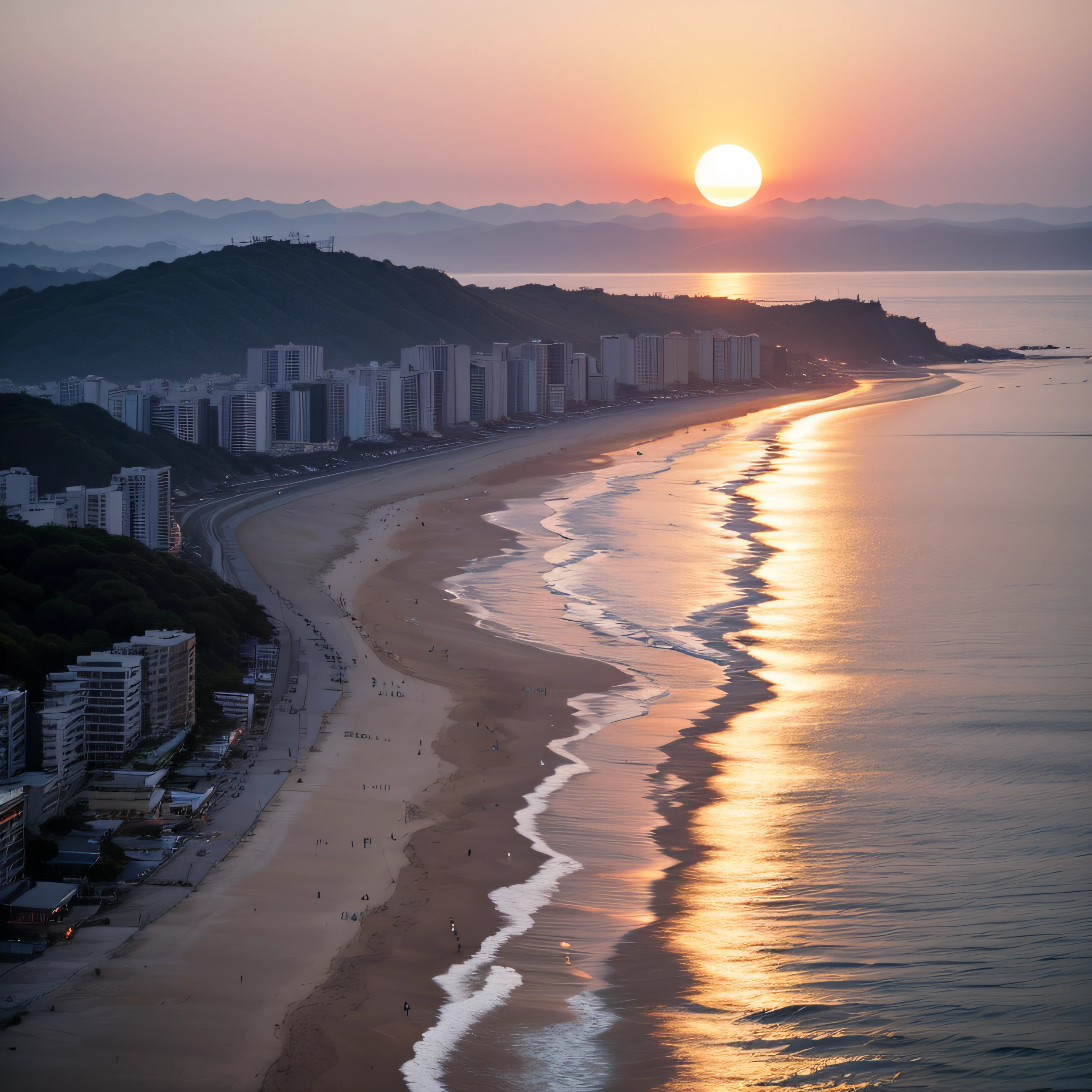 The sea is calm,The setting sun is shining,The beach is crowded。 --auto