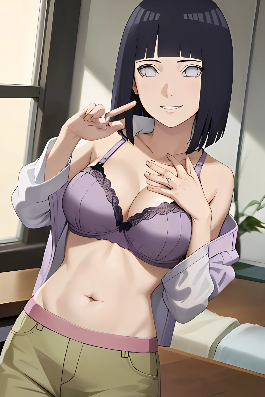 masterpiece, absurdres,hinata\(boruto\), 1girl,mature female, solo,smile, purple hoodie, off shoulder,cleavage, medium breasts,brown pants, bra, sweat, hand on own chest