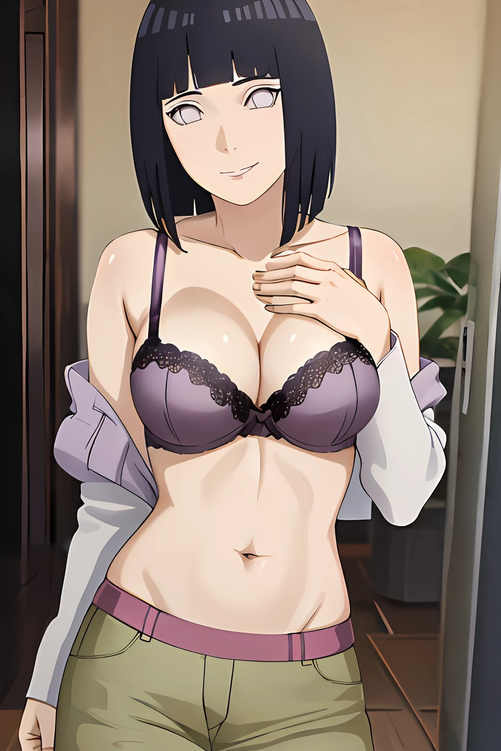masterpiece, absurdres,hinata\(boruto\), 1girl,mature female, solo,smile, purple hoodie, off shoulder,cleavage, medium breasts,brown pants, bra, sweat, hand on own chest