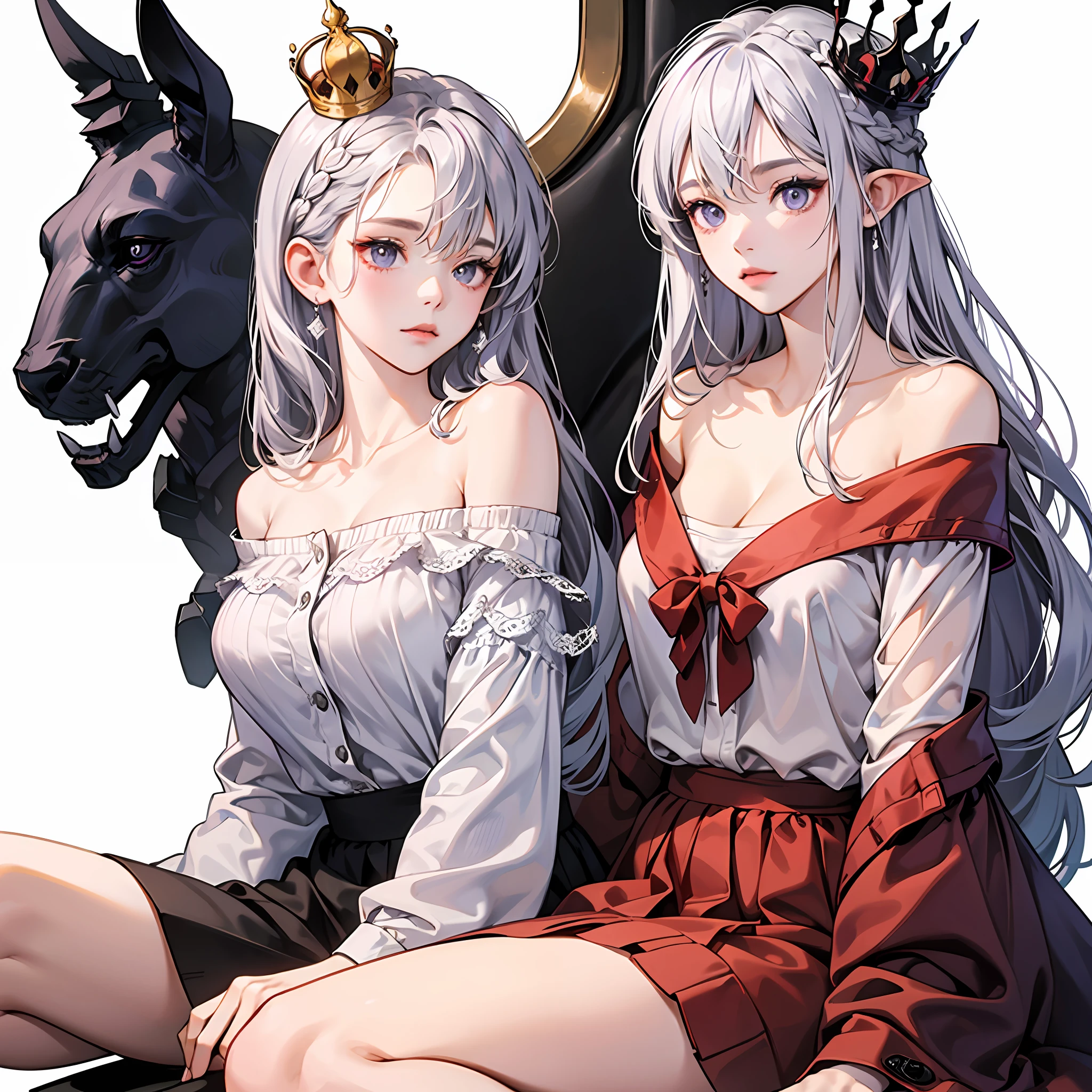 Top Quality、intensely detailed、巨作、ultra detaild、(make realistic:1.2)、1girls、(white backdrop)、simple background、Delicate eys、has silver hair、purple colored eyes、hair_ornament、(White off-the-shoulder shirt:1.3)、long haired、pointy_ears、crown_braid、deadpan、straight-hair、(++sitting on:1.2)、a large breast --auto
