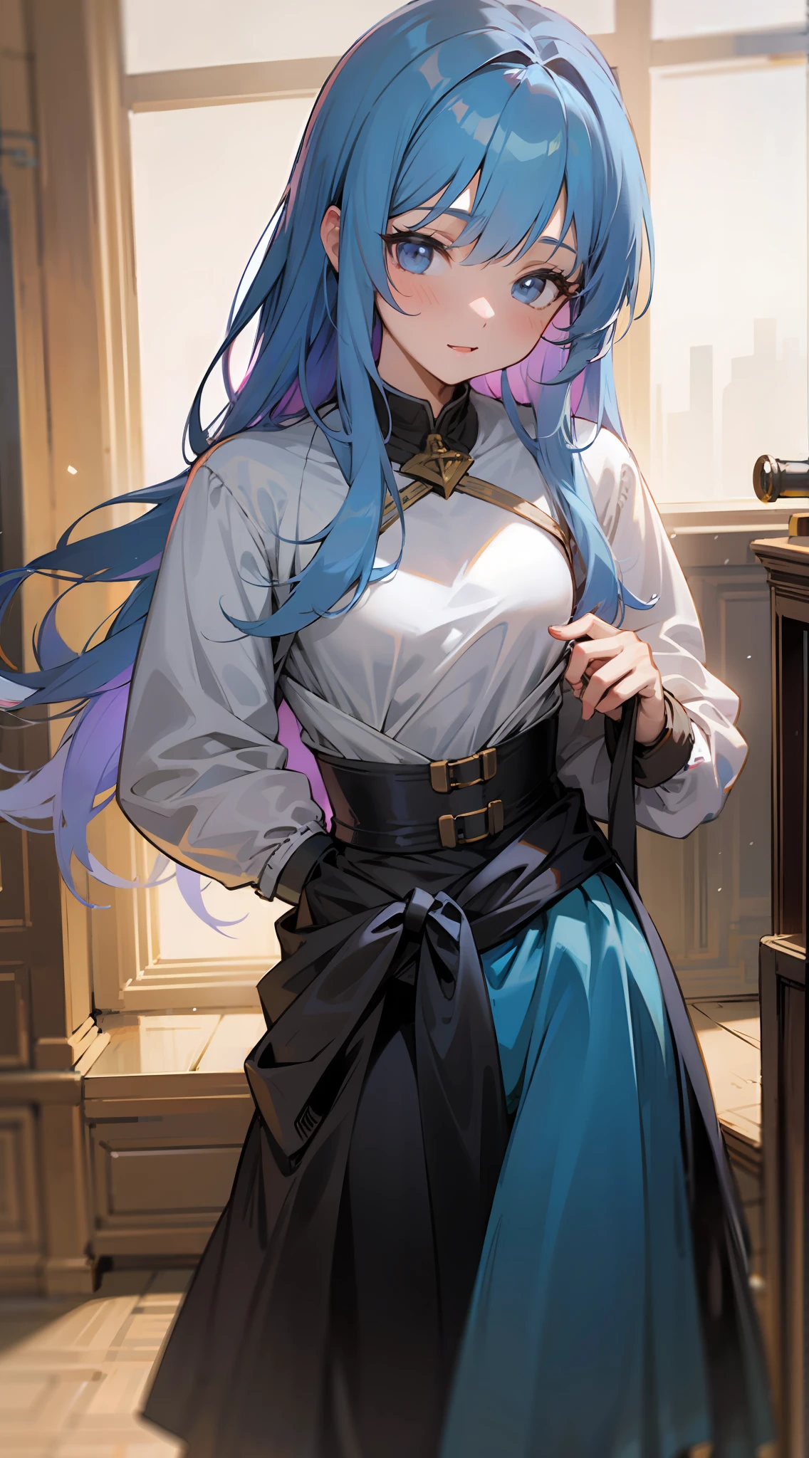 Take off your clothes and get into your underwear、brightly lit room、Long hair that goes down to the waist、Beautiful girl with blue hair、Dressing room、