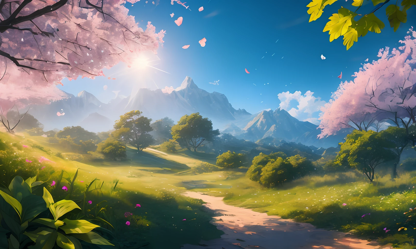 Masterpiece, best quality, (very detailed CG unity 8k wallpaper) (best quality), (best illustration), (best shadows) Nature', blue sea,delicate leaves petals of various colors falling in the air light Tracking, super detailed --v6