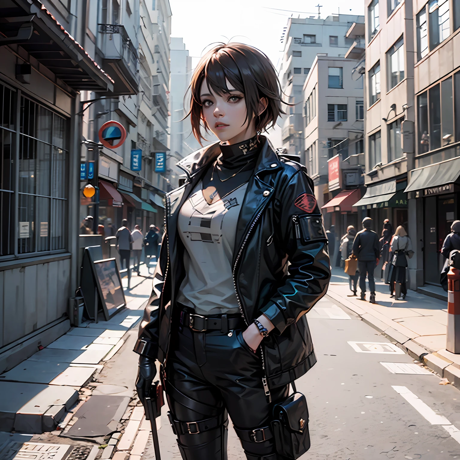 Girl in a brown jacket and black pants holding a gun, anime badass 8 k, arte de fantasia urbana estilizada, makoto shinkai ( apex legends ), fundo do jogo resident evil, Amazing 8K character concept art, conceito de anime hdr anime macmanus, 3 d render character art 8 k, inspirado em Yamagata Hiro, jogo cg, arte digital cyberpunk anime --auto