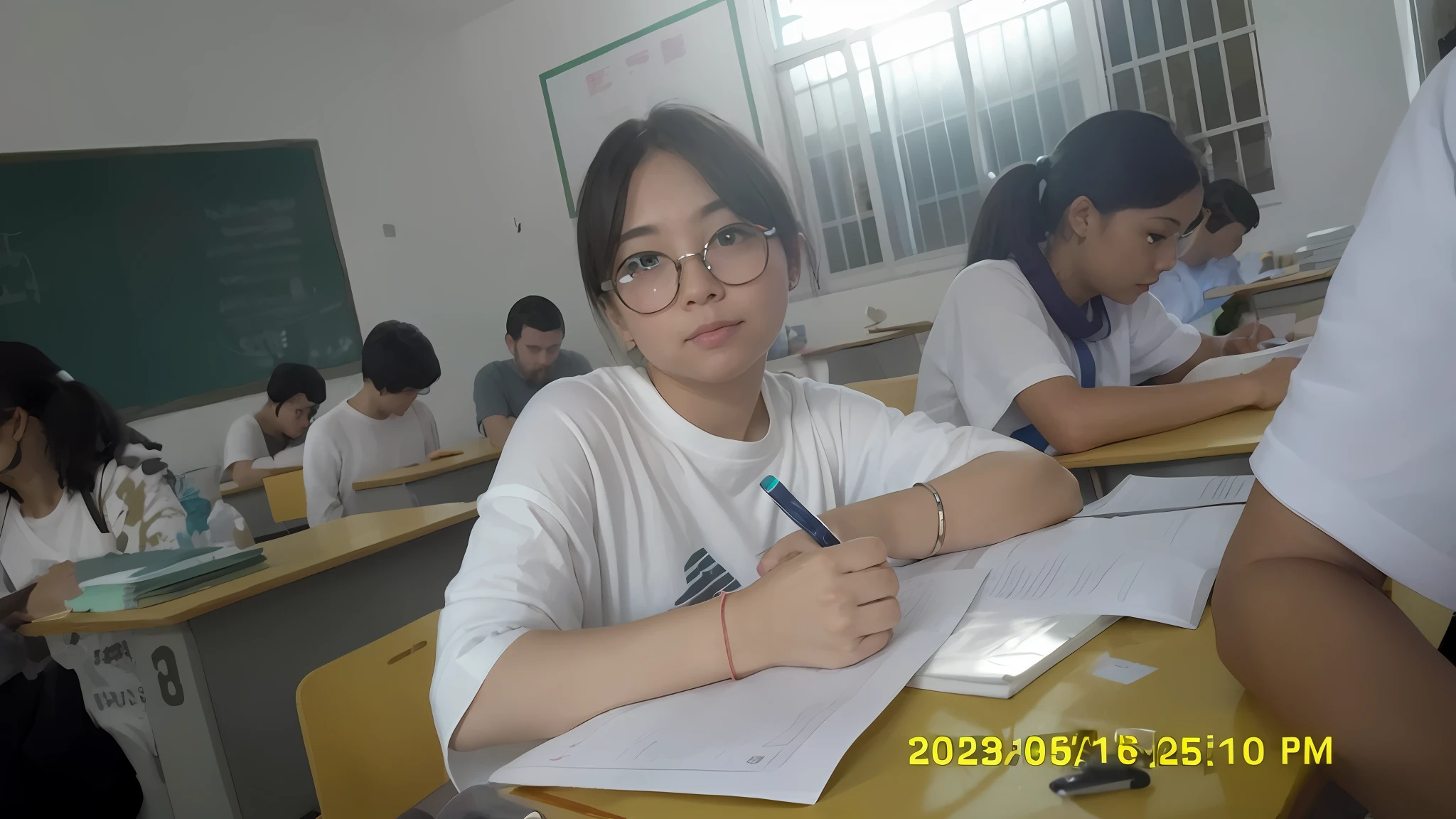 A girl sits at a table,Pen in hand,eye looking to camera