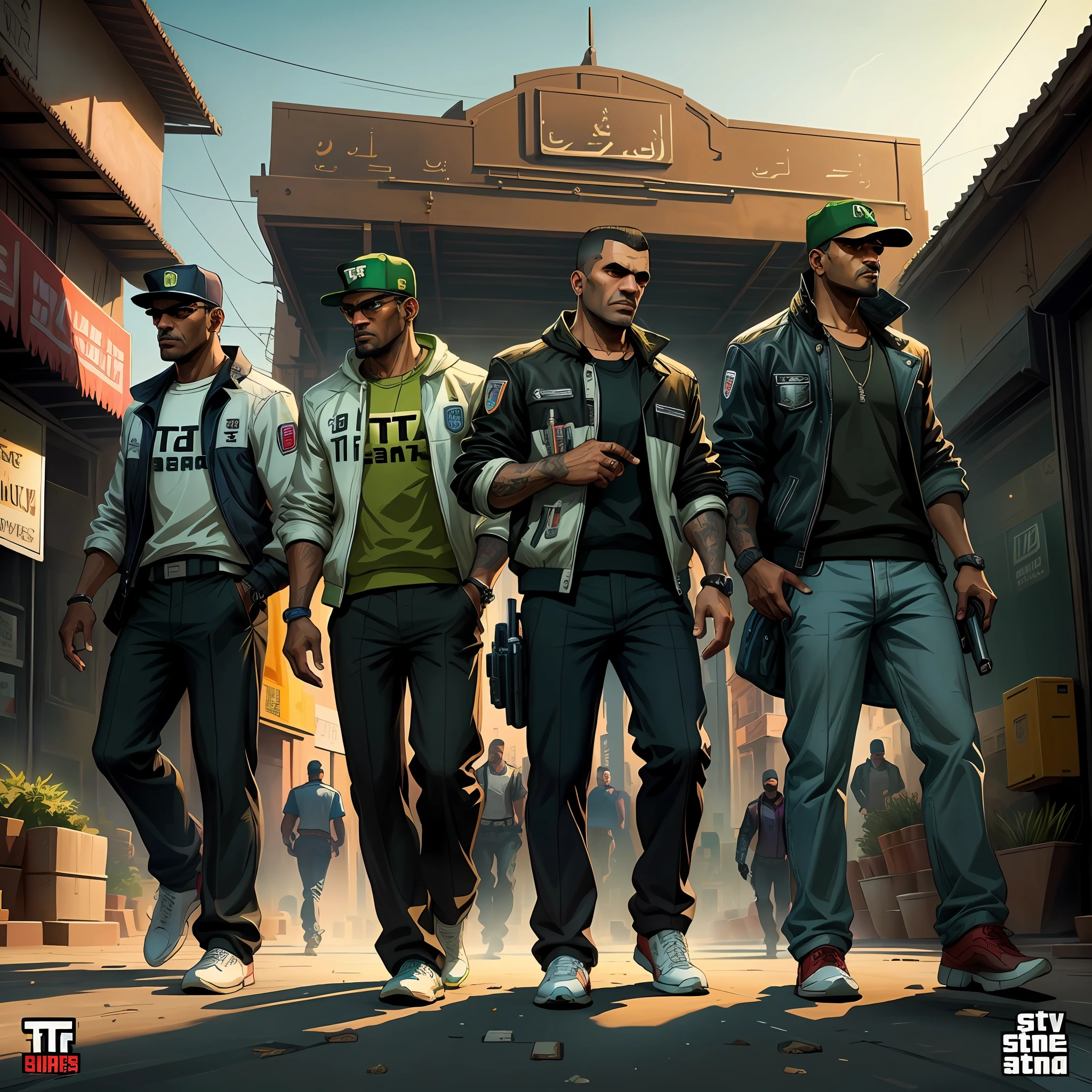 Image of a group of Moroccan men walking down a street in Marrakech, avec des manettes ps4 dans les mains, Dressed as Moroccan, 2D Game Art GTA Cover, 2 D Game Art GTA Cover, Style artistique GTA, Grand Theft Auto Style, Style artistique GTA, Style de GTA V, 2D Game Art GTA5 Cover, Affiche du jeu, Style GTA, style of gta v artworks, Couverture GTA, gta loading screen art