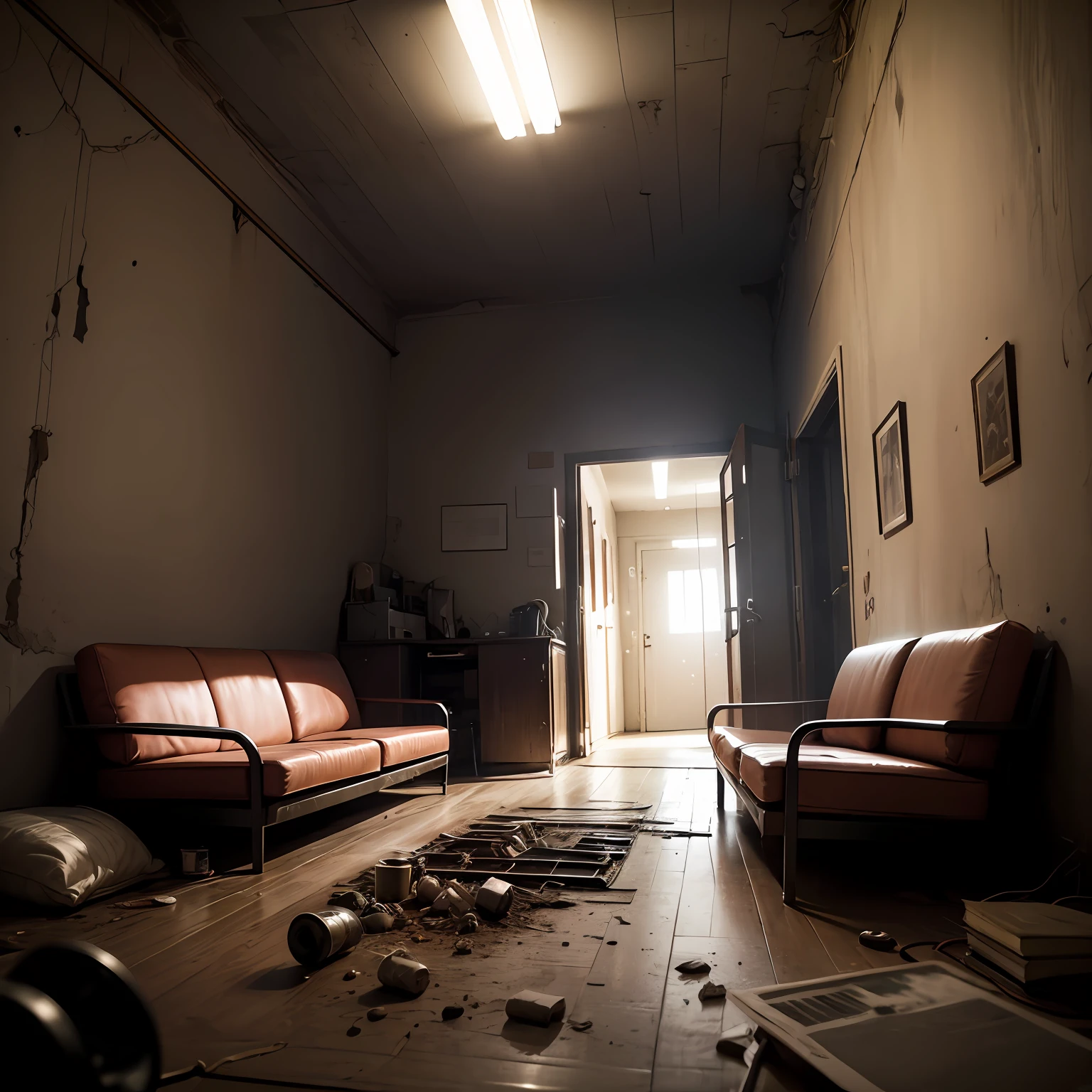 Dark post-apocalyptic room at night with ambient light and spoiled old sofa, mesa de centro feita de metal, sucatas nas paredes --auto