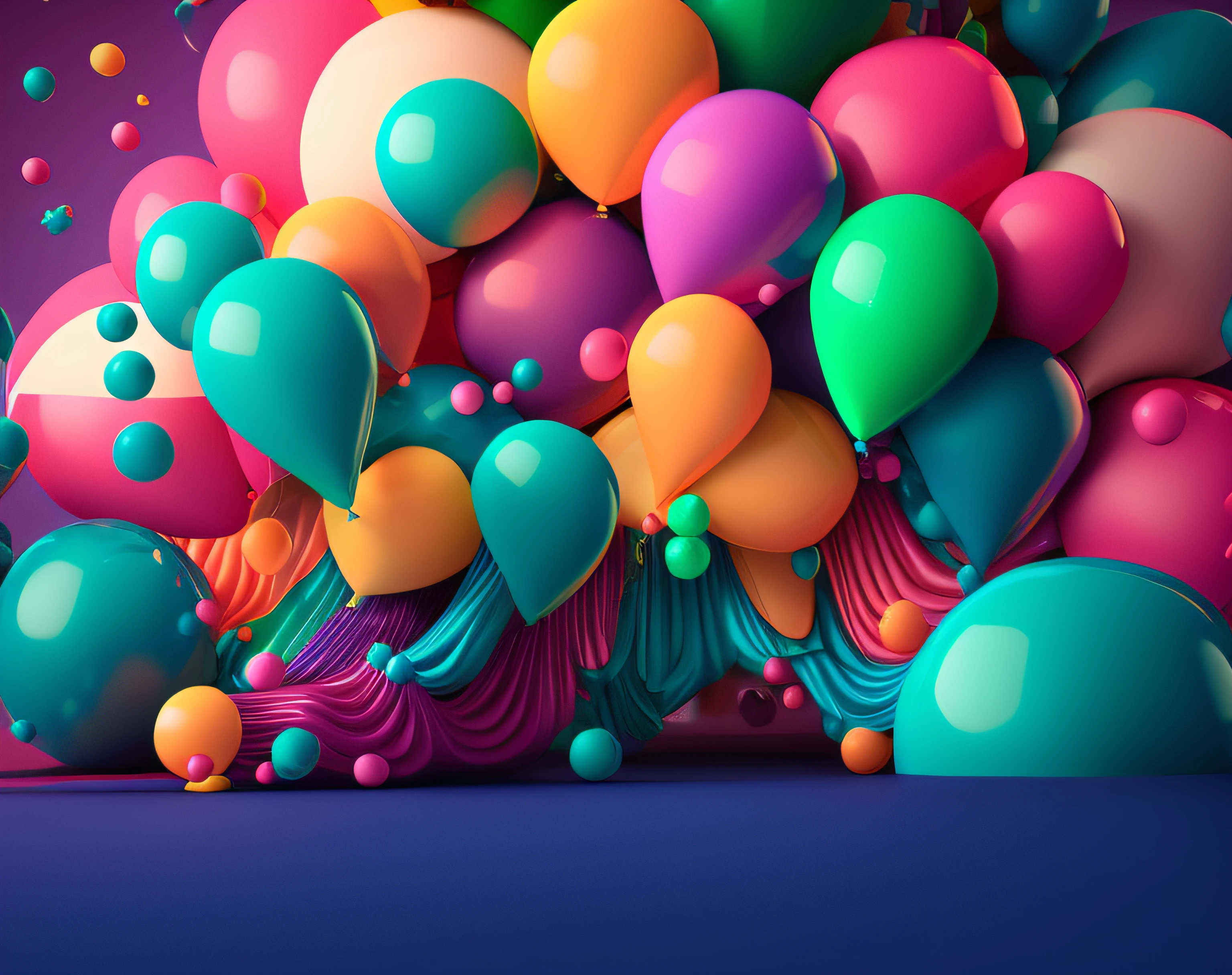 brightly colored balloons are floating in the air on a purple background, Cinema 4D render colorido, Globos de fiesta, Render de octanaje colorido, colorful backdrop, Renderizado en Cinema 4D, Renderizado en Cinema4D, Globos, Fondo vibrante, Colores surrealistas, Colorido 8 K, cine 4 d art, Renderizado abstracto 3D superpuesto, 3 d illustration, 3 d illustration