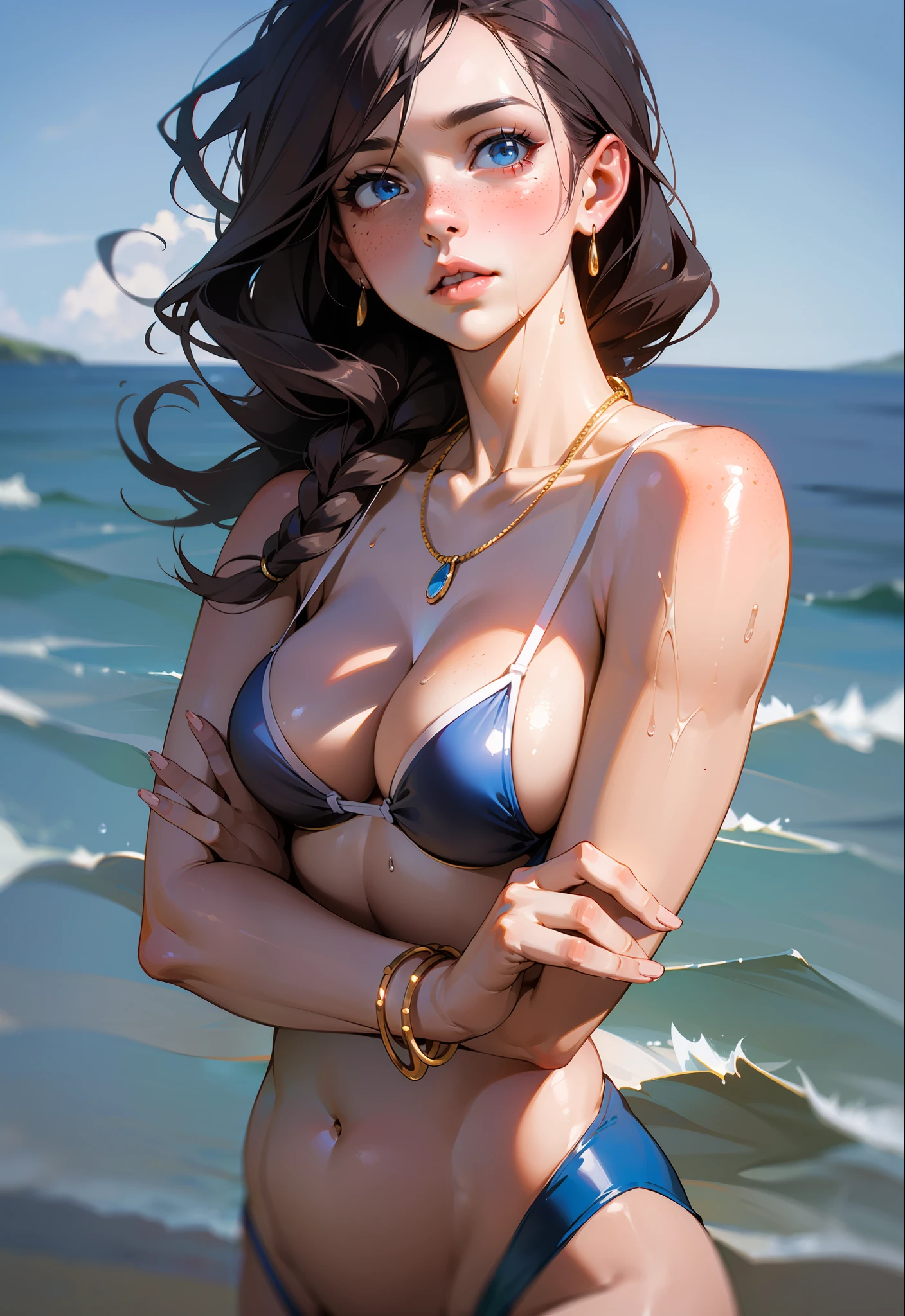White woman European realist 30 years dark hair (red Head) straight, length at shoulder height, freckles on realistic face, blue eyes, snubbed nose, thick lips with volume, fleshy lips, sensual mouth between open, looking down with intimidating look, view from below, looking from below, close-up from below, seen from below, full body, wearing a dark swimsuit open in front, generous neckline descending to her belly, her large breasts (oppai) standing out, Escaping from the swimsuit, gorgeous smooth skin, thin natural braided necklace, tribal rope bracelet, leaning against a kiosk on the beach, cloudy weather with a few drops of rain falling, hair thrown to the wind, full-body woman, sensual pose, sexy woman with wide hips and fluffy belly, with light fold, wet, realistic, detailed