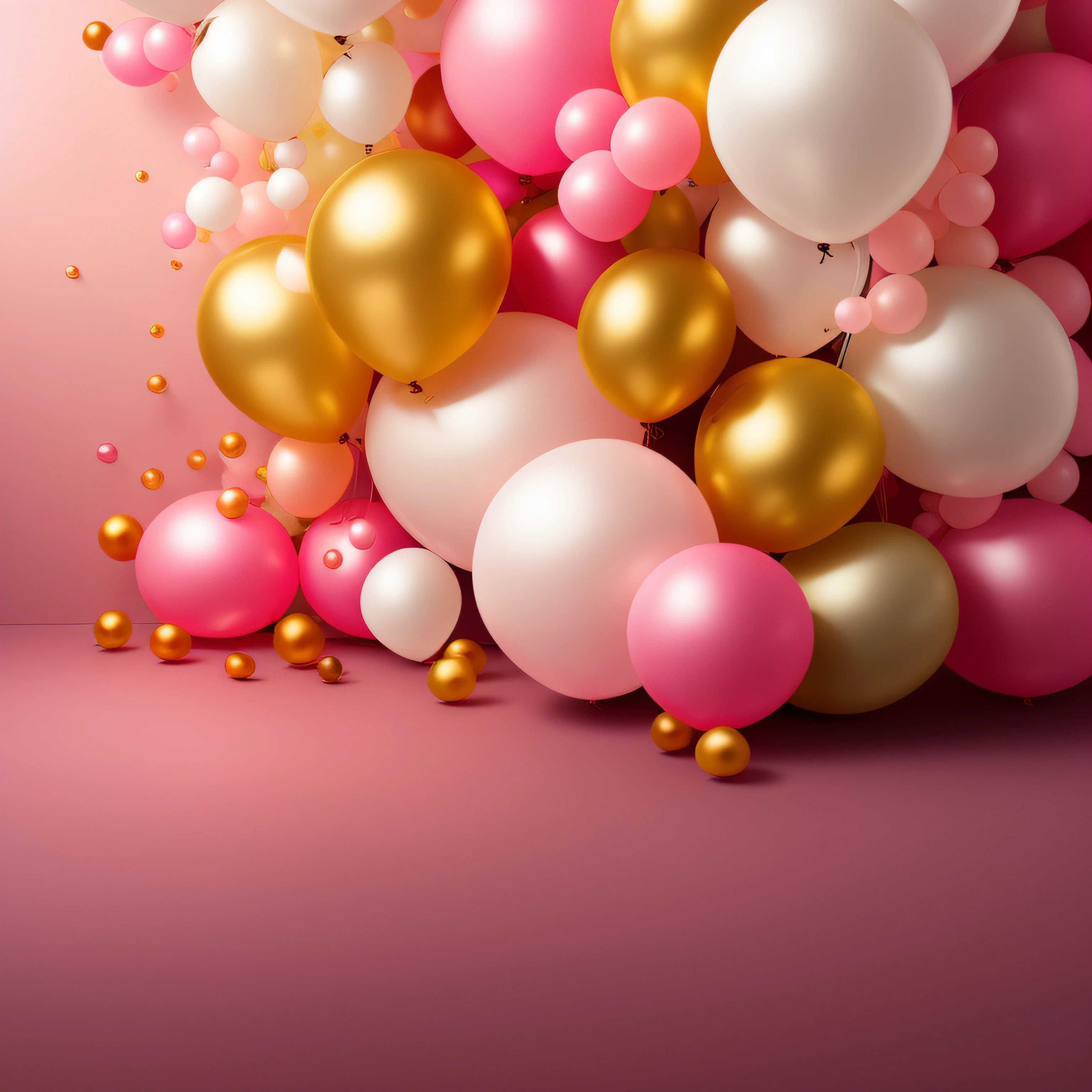 a close up of a bunch of balloons on a pink surface, Globos de fiesta, rosa y oro, Esquema de color rosa y dorado, Fondo hiperrealista, con colores rosas suaves, pink volumetric studio lighting, fondo rosa, highly detailed composition, Esquema de color rosa intenso y dorado, high definition background, Paleta de colores rosa y dorado, Tonos de rosa, muchas esferas flotantes