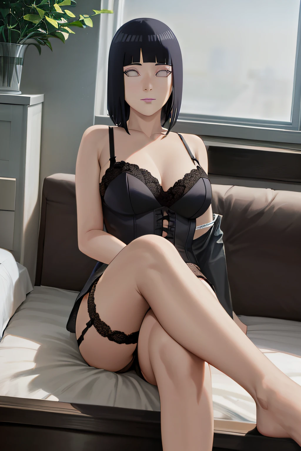 masterpiece, absurdres,hinata\(boruto\), 1girl,mature female, solo, black corset, lingerie, garter straps,wine,looking at viewer, caustics, sitting, crossed legs, bed, window