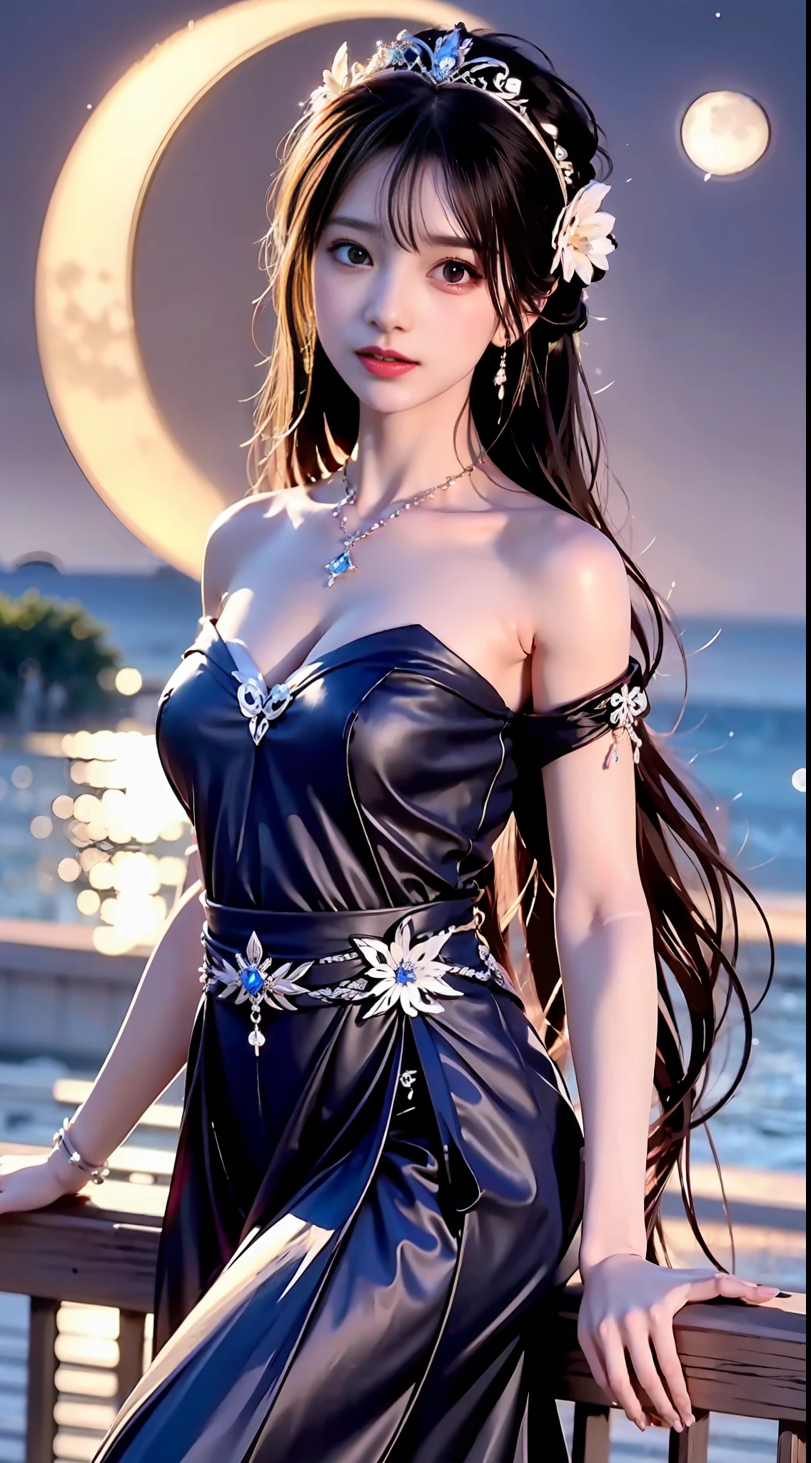 moon, moonlight, full moon, night, dark blue sky, violet, lilac dress, long skirt on chest, long black hair, long hair and waist, beautiful maiden, god, divinity, white tiara, sitting on railing, hair, slanted bangs, headband, hair ornament, forehead gemstone, paulai's jewel branch, crescent hair ornament, fish hair ornament, god ray, glitter, cinematic lighting, lens glare, uhd, high detail, high quality, high resolution, best quality, 8K, 16K, high detail, high quality, high quality, super detail, Anatomically correct, masterpiece, ccurate
