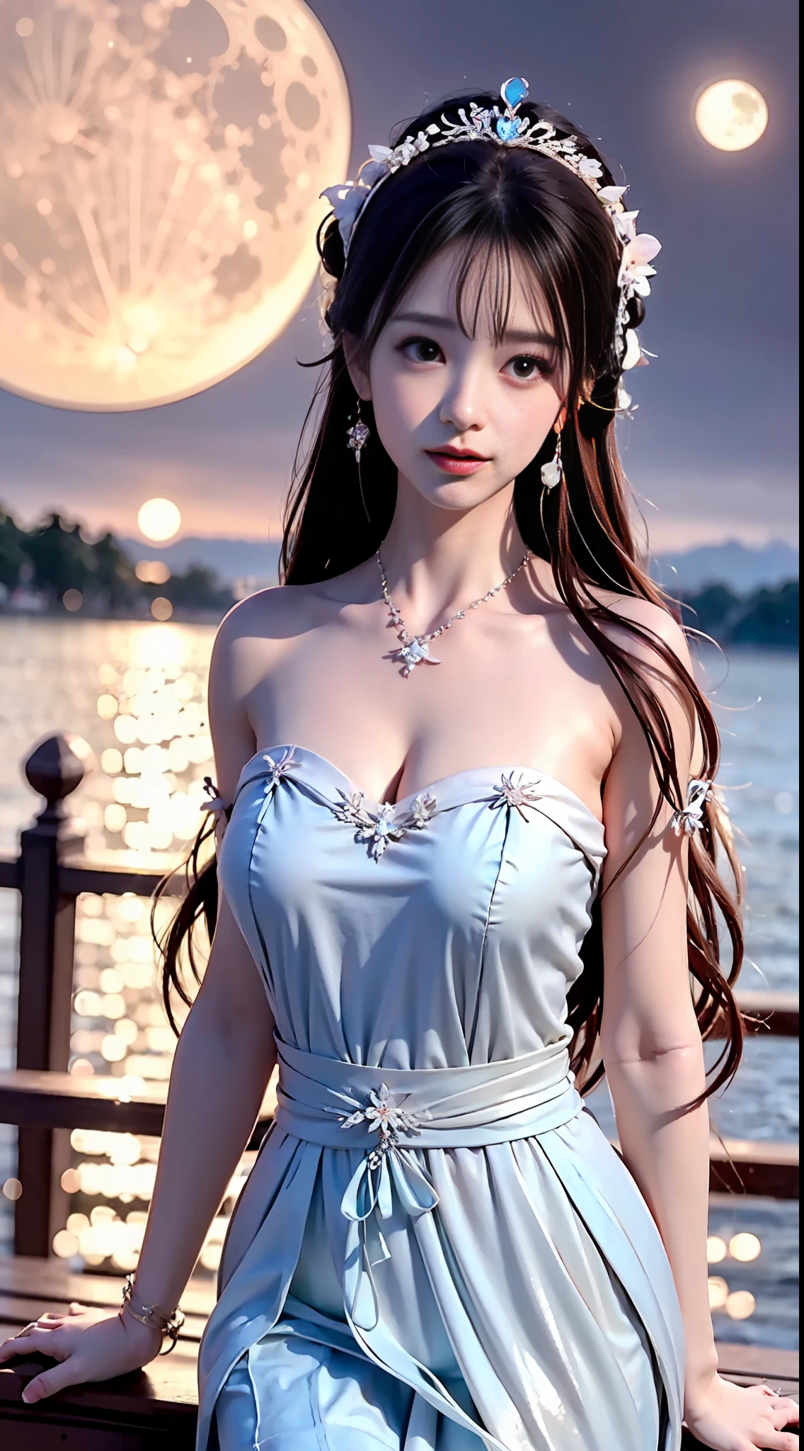 moon, moonlight, full moon, night, dark blue sky, violet, lilac dress, long skirt on chest, long black hair, long hair and waist, beautiful maiden, god, divinity, white tiara, sitting on railing, hair, slanted bangs, headband, hair ornament, forehead gemstone, paulai's jewel branch, crescent hair ornament, fish hair ornament, god ray, glitter, cinematic lighting, lens glare, uhd, high detail, high quality, high resolution, best quality, 8K, 16K, high detail, high quality, high quality, super detail, Anatomically correct, masterpiece, ccurate