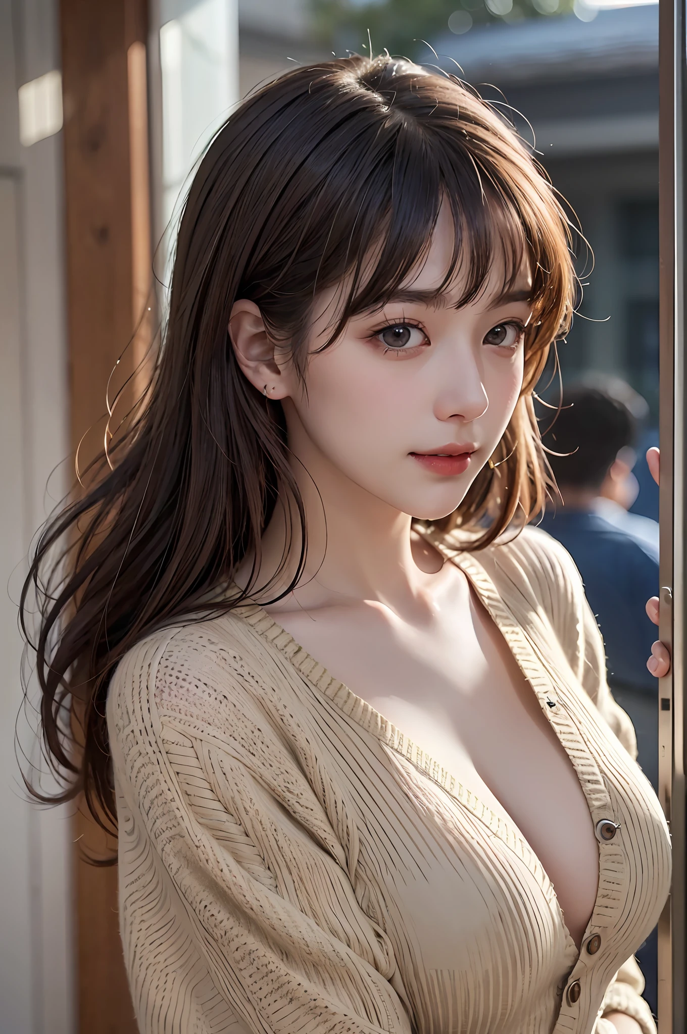(8K、Raw photography、Top Quality、masterece-piece:1.2)、ultra detaild、Super Resolution、(Realstic、real photographic:1.37)、portlate、High Definition RAW Color Photography、Professional Photography、extremely detailed and beautiful、intensely detailed、8K Wallpapers、amazing detailed、huge filesize、Official art、Highly detailed CG unity 8K wallpapers、extremely detailed beautiful girl、higly detailed face、olhos altamente detalhados、highlydetailed skin、extremely detailed fingers、extremely detailed nose、Highly detailed detailed mouth、Perfect Anatomy、highly detailed back ground、Highly detailed clothing、A girl 1 person、(18:1.2)、、cute girls、famous Japan idol、a Pretty、Realistic body、Short、White Skin Skin、shining skin、HugeBoobs、Brown-haired、(Blunt bangs:1.2)、smile on face、kawaii、Assuming々Right、Kawaii face、lifelike face、Delicate eys、Sauce order、Yellow cardigan、skirts、ear ring、Looking at the camera、cow-boy shot、front facing、Standing、Contrapo, Street, public, dynamic lighting,inside room